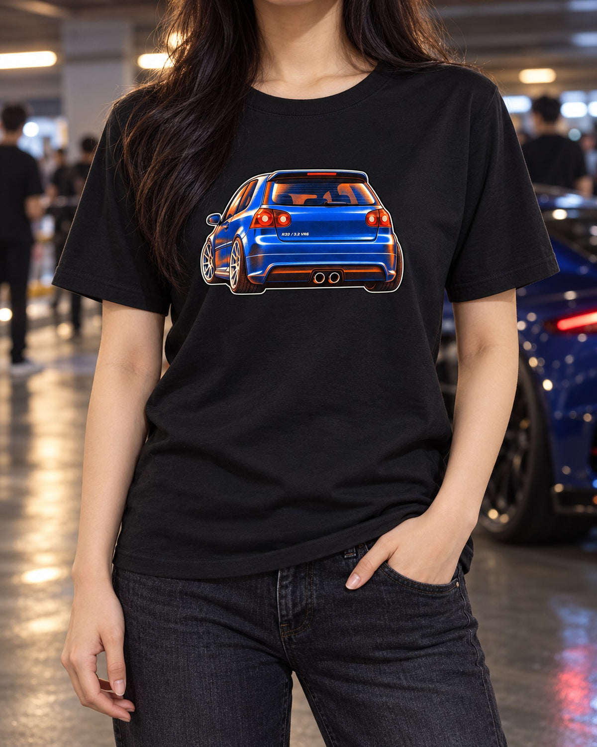 VW Golf R32 Mk5 Risograph Shirt, 3.2 VR6 Twin Pipes Tee T-Shirt Black worn hero