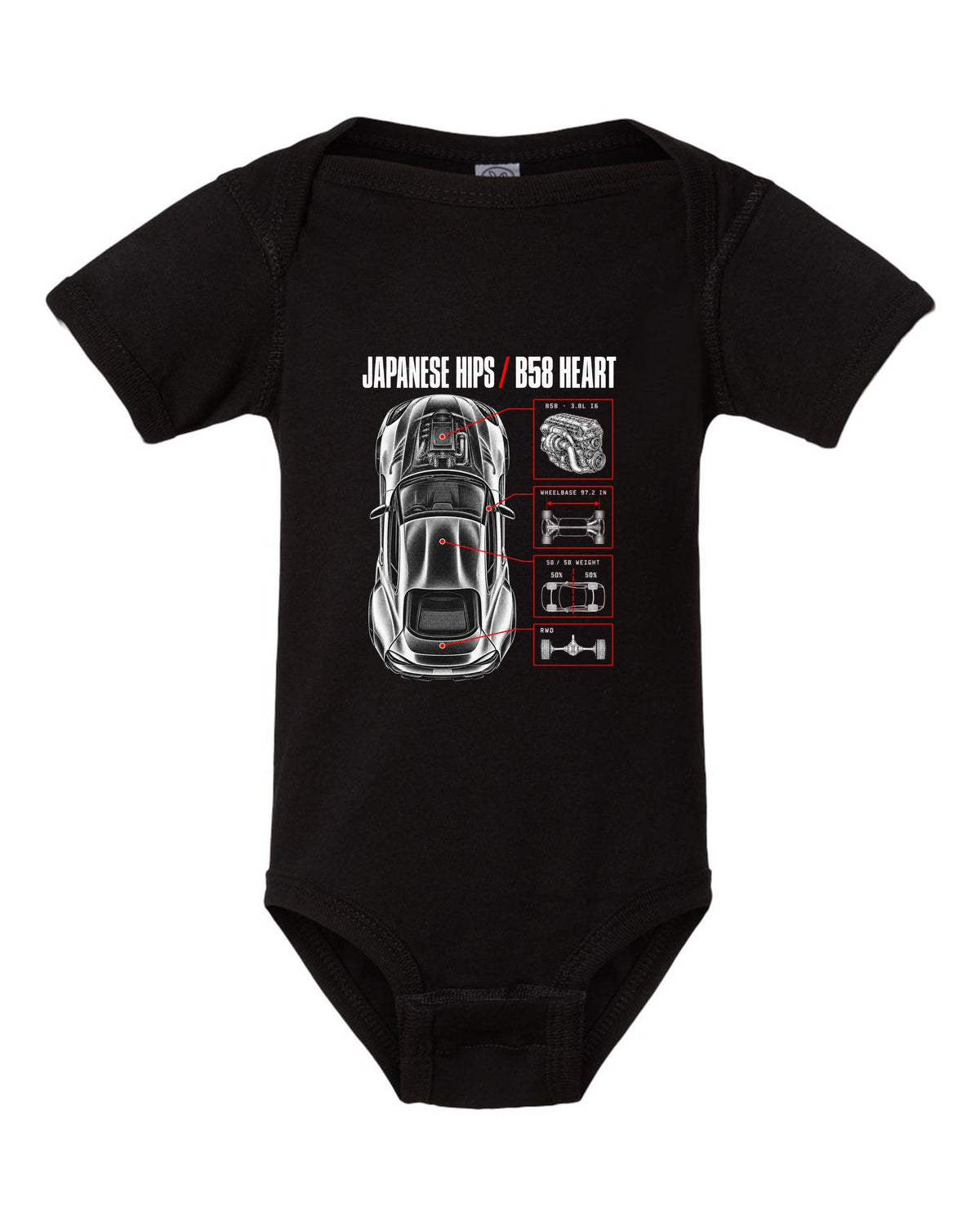 Spec poster print of a Toyota GR Supra A90 with the text Japanese Hips B58 Heart black baby onesie front view with the design