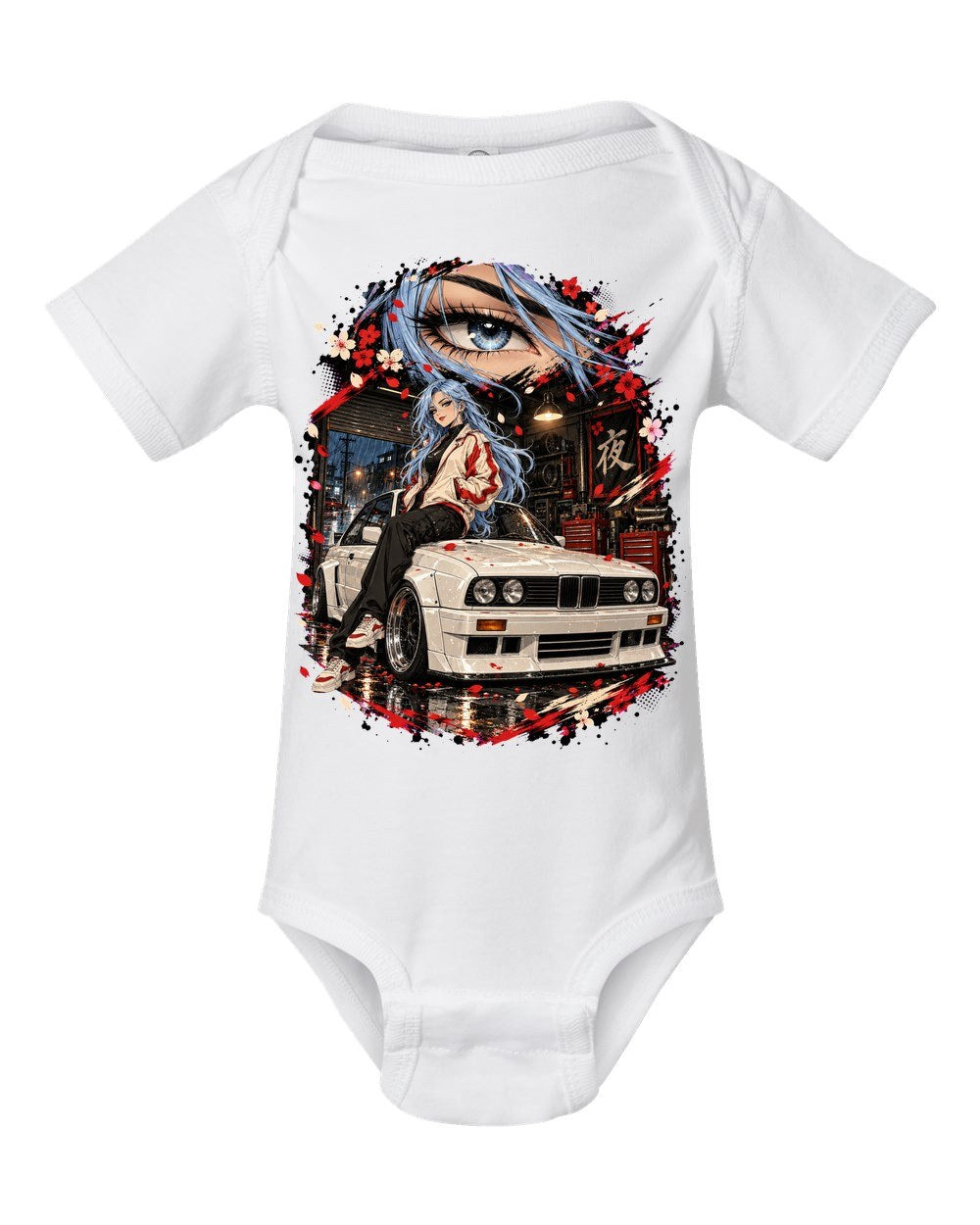 BMW M3 E30 Anime Girl Baby Onesie White front