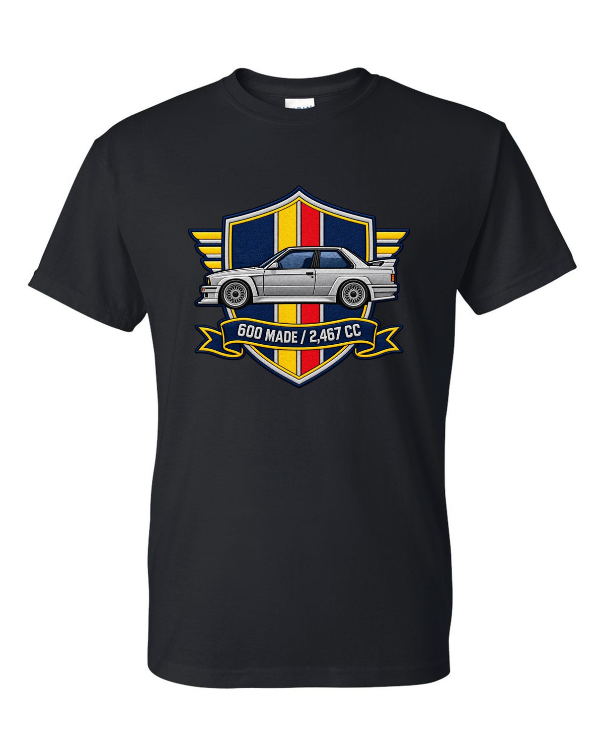 Varsity crest style print of a BMW E30 M3 Sport Evo with 600 made and 2,467 cc text black t-shirt front view with the design