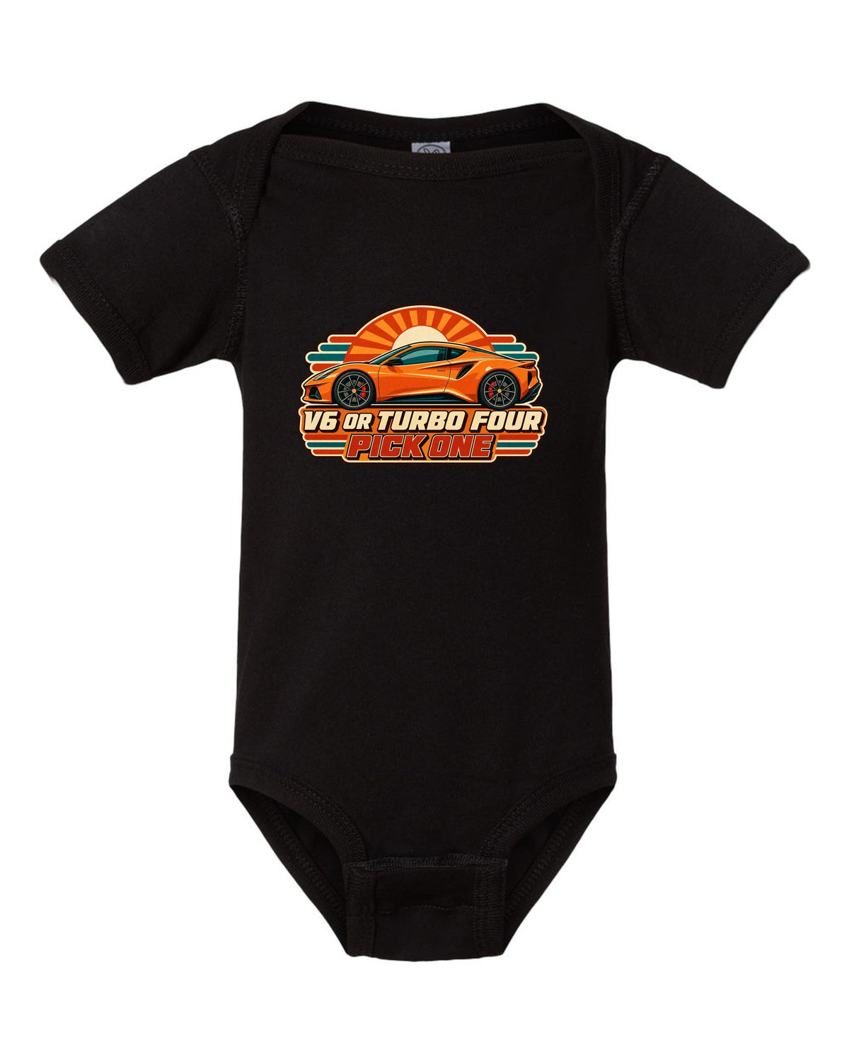 Lotus Emira in retro Japanese showa ad style with V6 OR TURBO FOUR PICK ONE lettering black baby onesie front view with the design