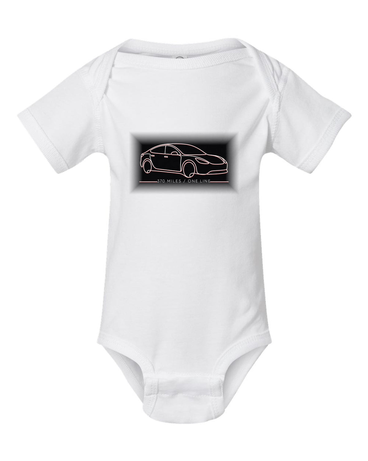 Continuous single-line contour drawing of a 2019 Tesla Model S Raven with the words 370 Miles One Line white baby onesie front view with the design