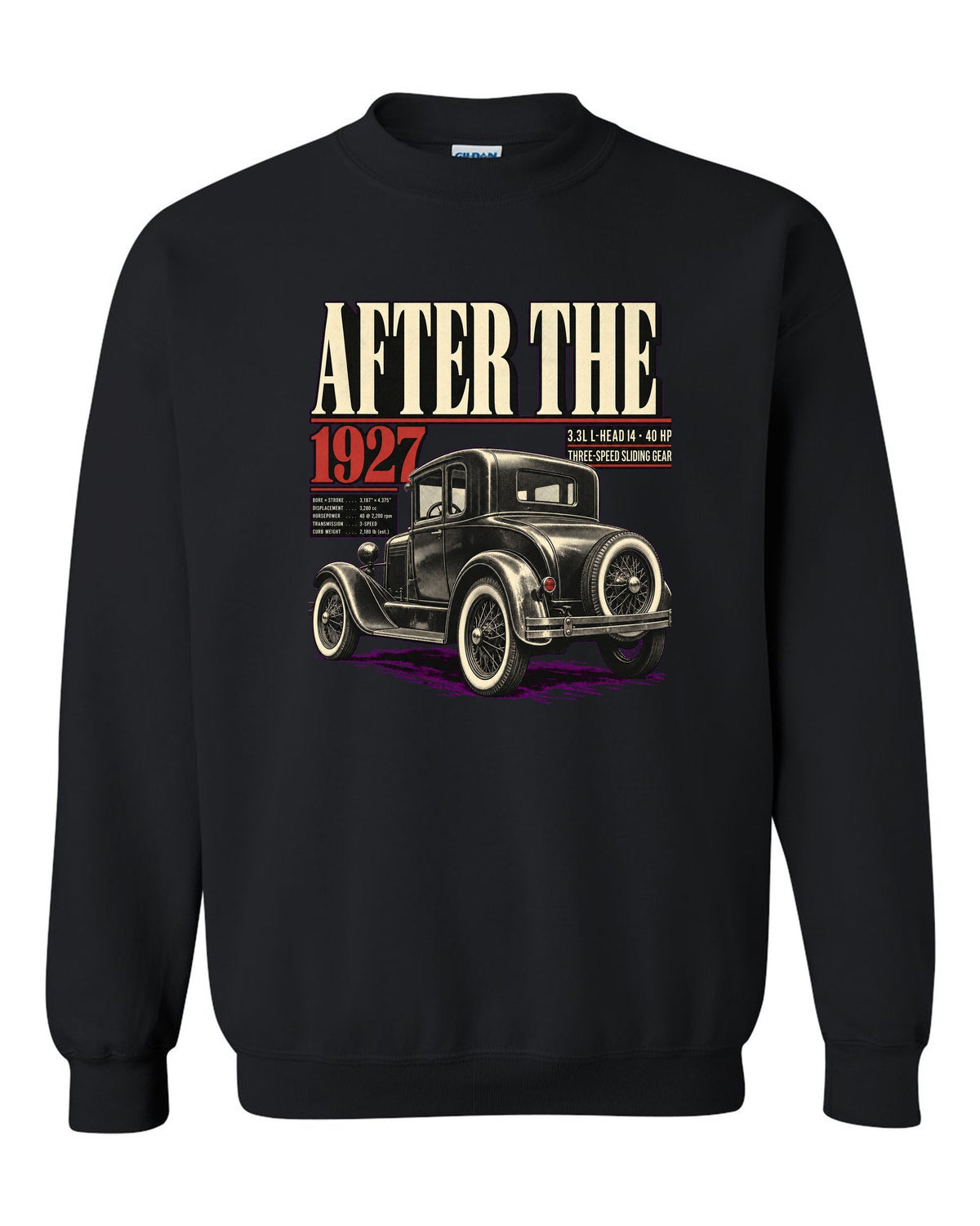 Editorial headline print of a Ford Model A coupe with spec lines black crewneck front view with the design