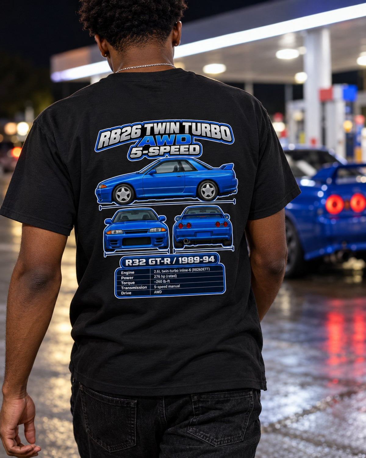 Nissan Skyline Gt R R32 Spec Sheet Full-Back Graphic Tee T-Shirt Black worn hero