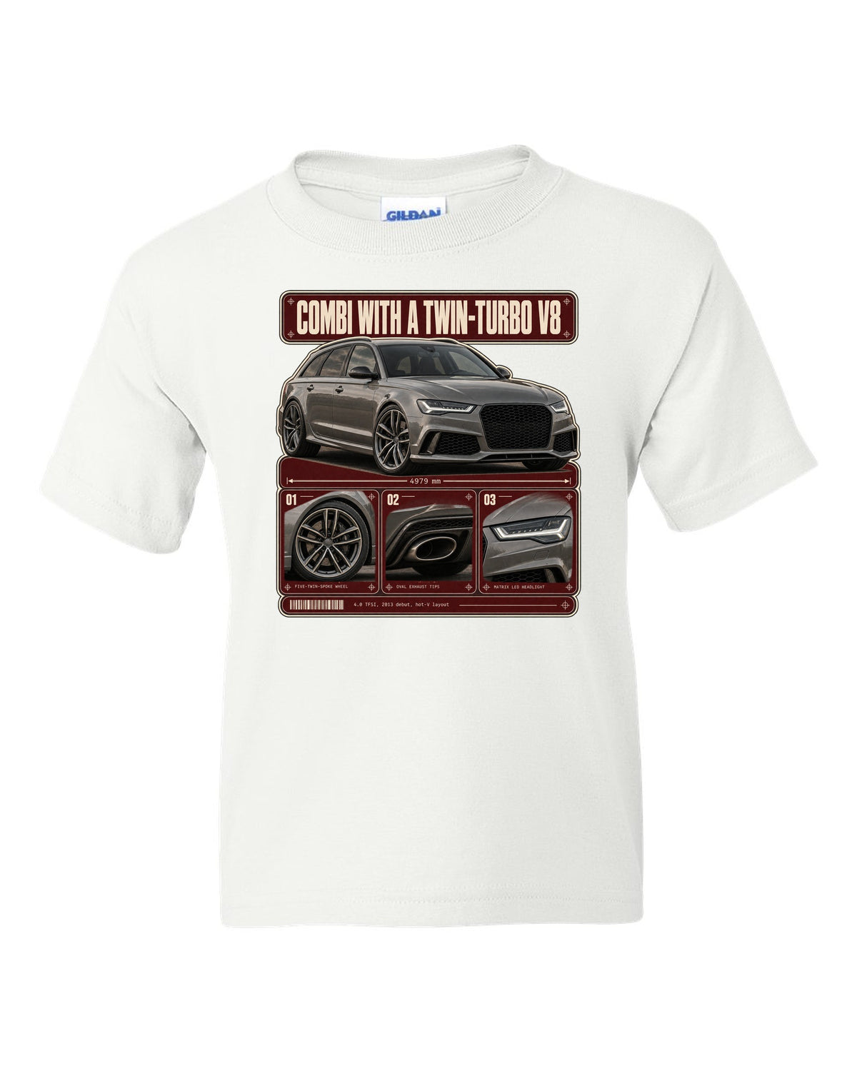 Audi RS6 Avant C7 warm grey dossier panels print white kids tee front view with the design