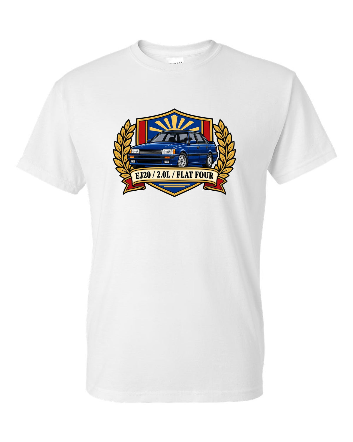 Shield crest design for a Subaru Legacy BC5 RS with EJ20 2.0L flat four text white t-shirt front view with the design