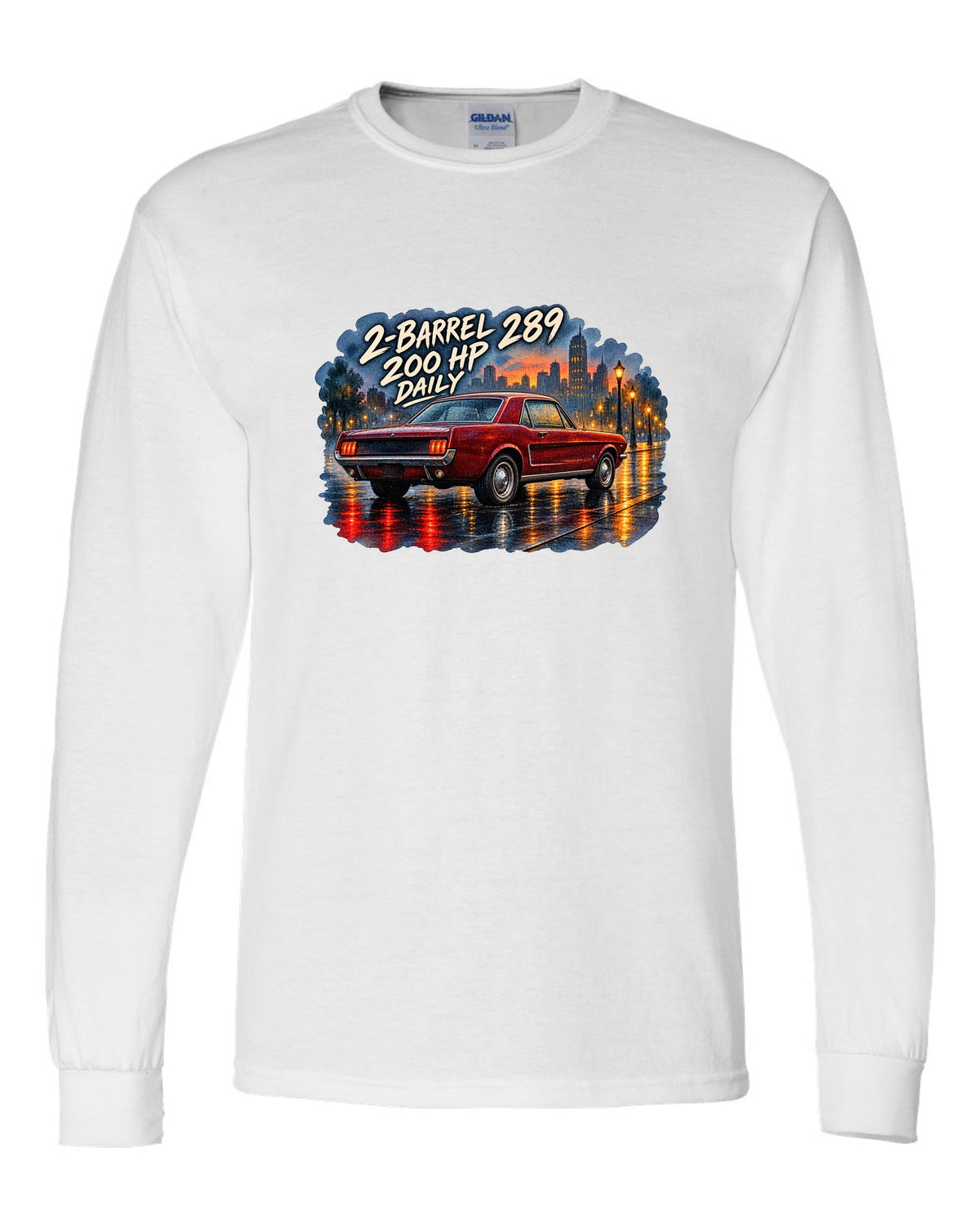 Watercolour wet-road night print of a 1965 Ford Mustang coupe with 2-barrel 289 text white long sleeve front view with the design