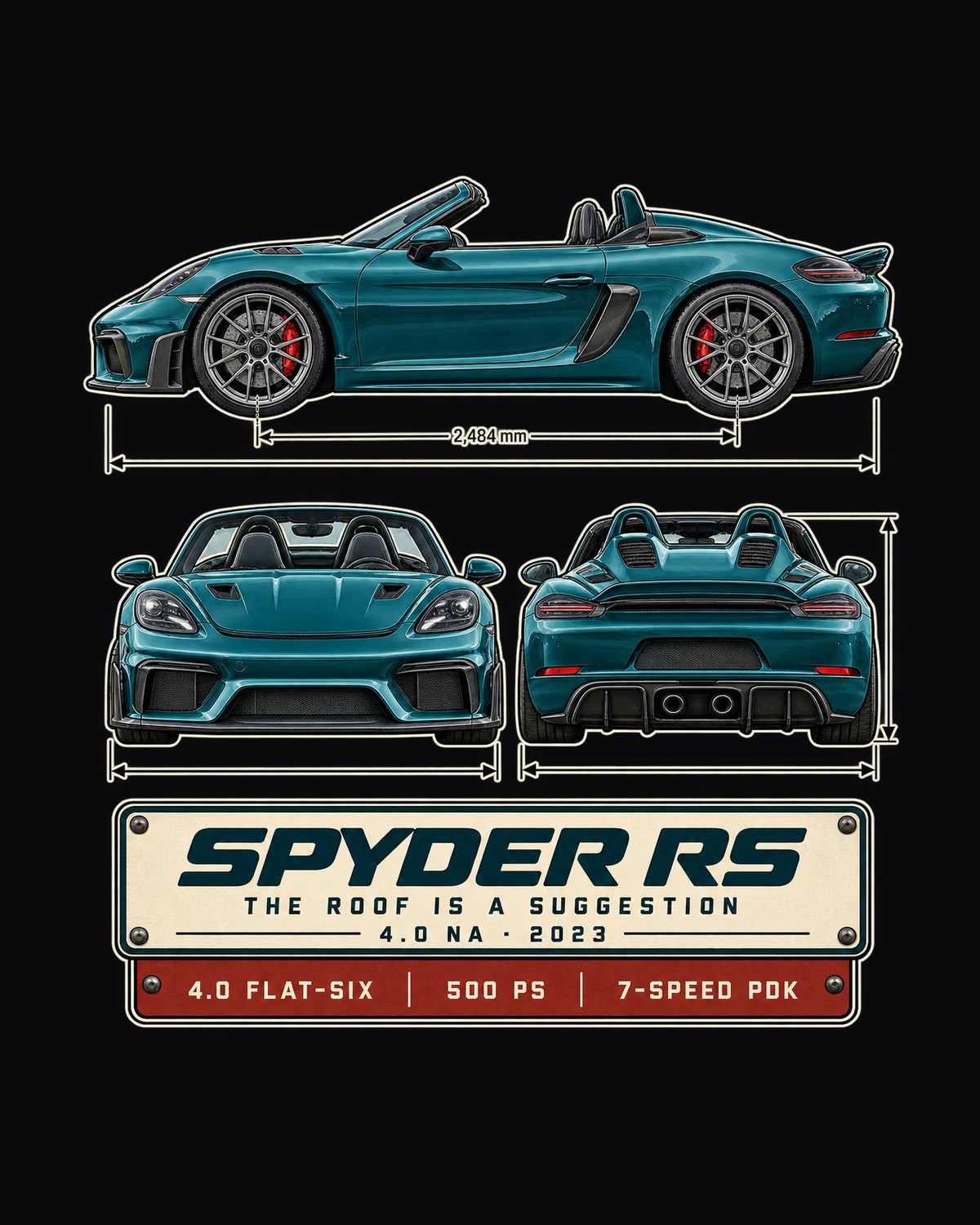 Porsche 718 Spyder RS 982 Three-View Spec Shirt, 4.0 NA design only