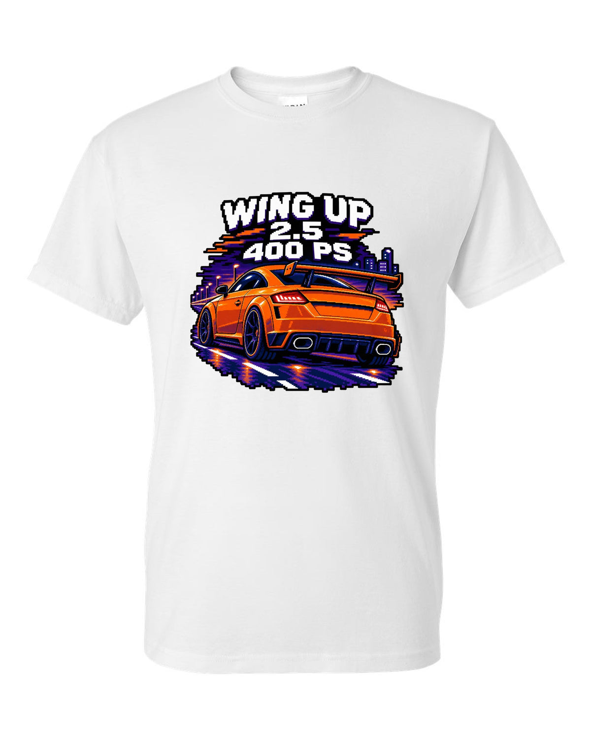 16-bit pixel art print of an Audi TT RS FV with rear wing up and 400 PS text white t-shirt front view with the design