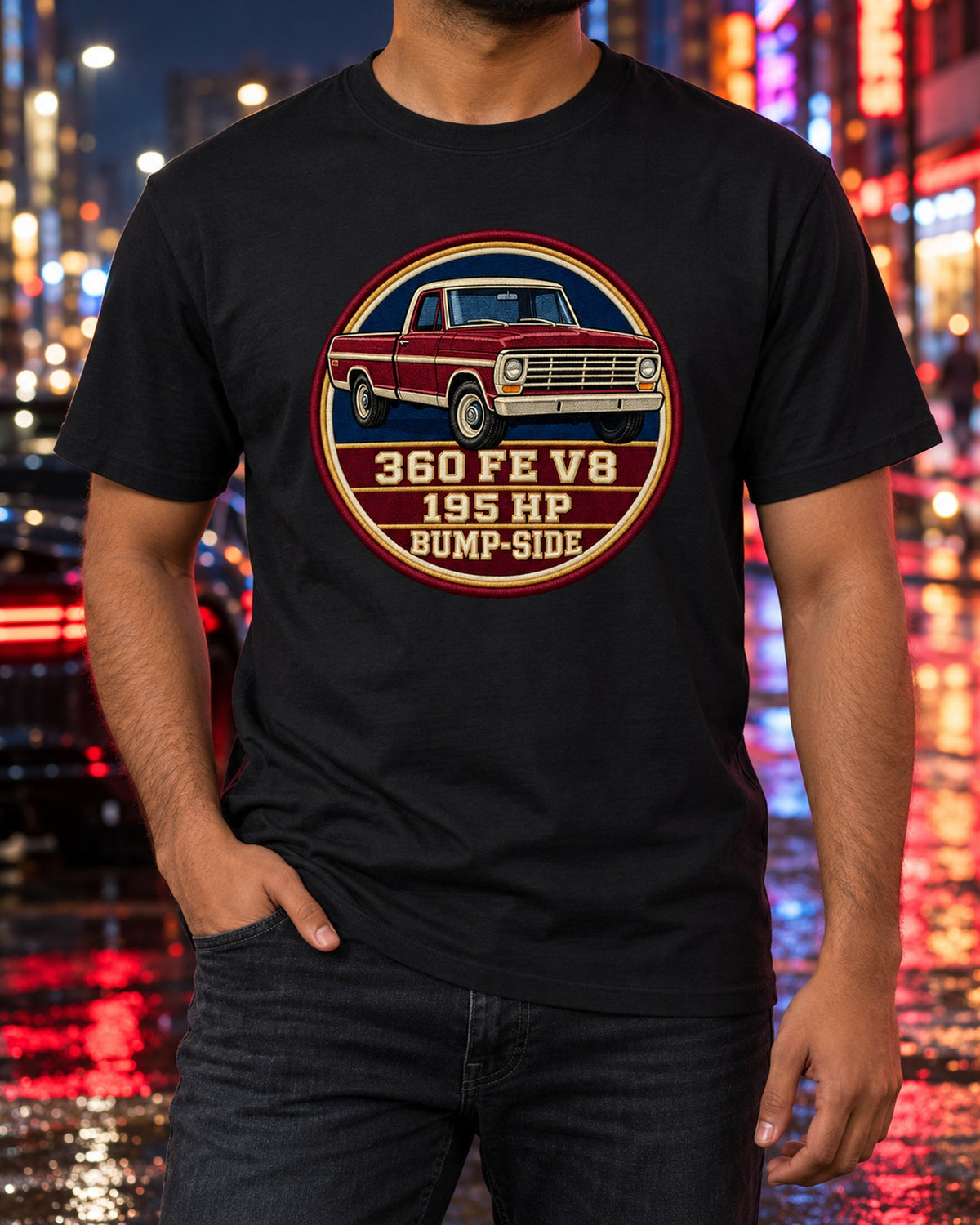 Bump-Side Ford F-Series 1967-72 Crest print Tee T-Shirt Black worn hero