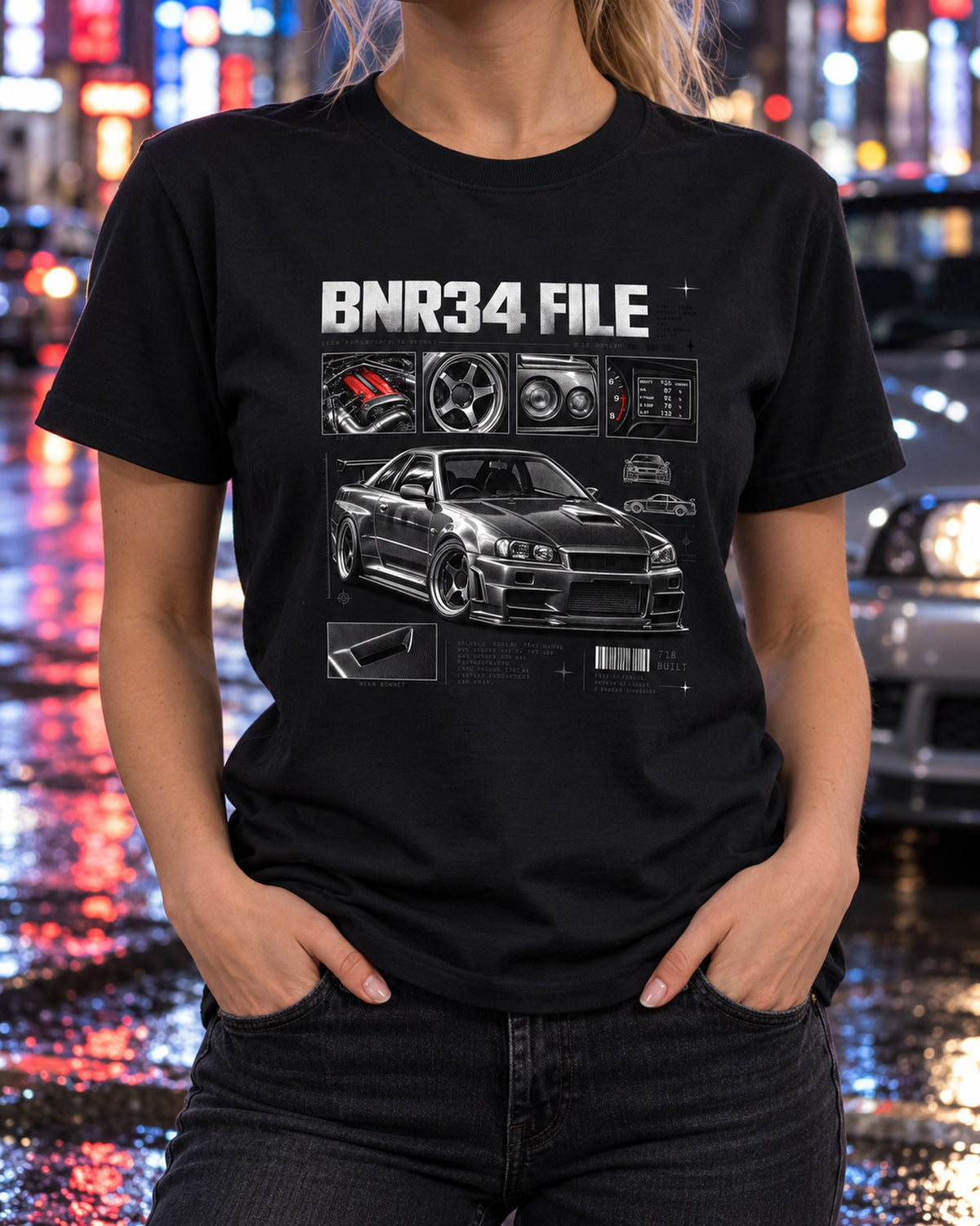 Nissan Skyline GT-R R34 V-Spec II Nur BNR34 File Shirt T-Shirt Black worn hero