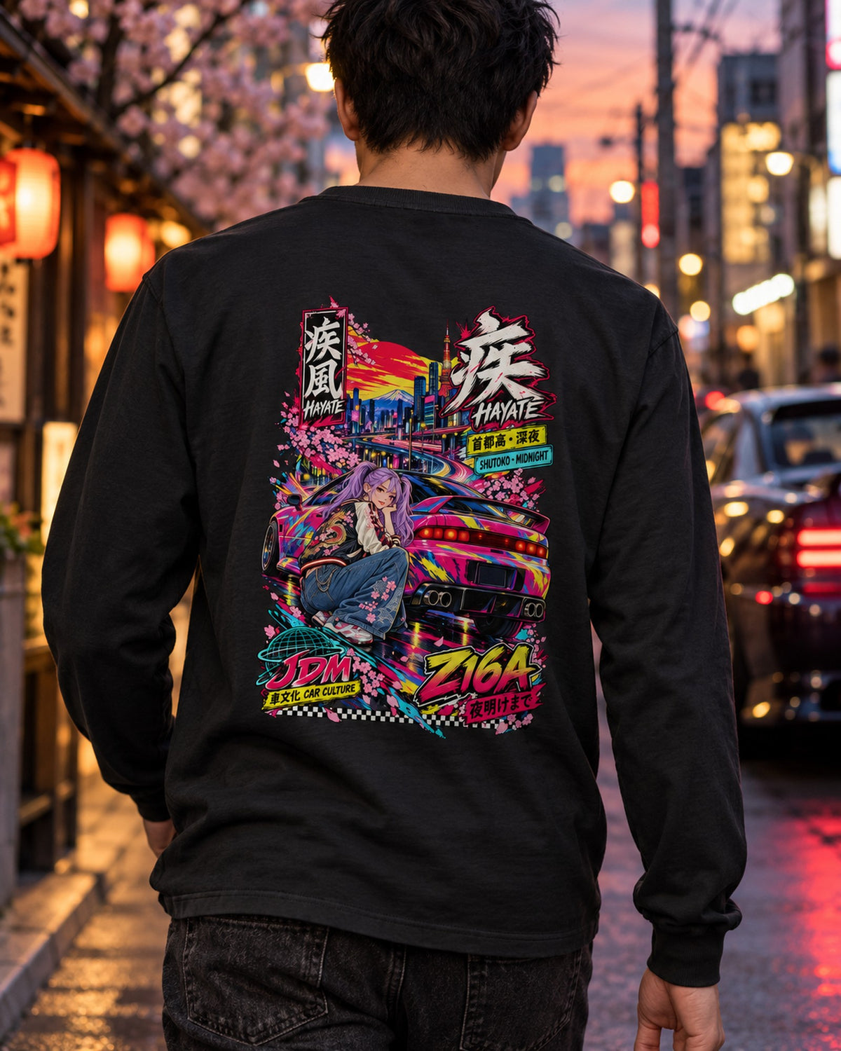 HAYATE Z16A Anime Girl Full-Back Graphic Tee Long Sleeve Black worn hero