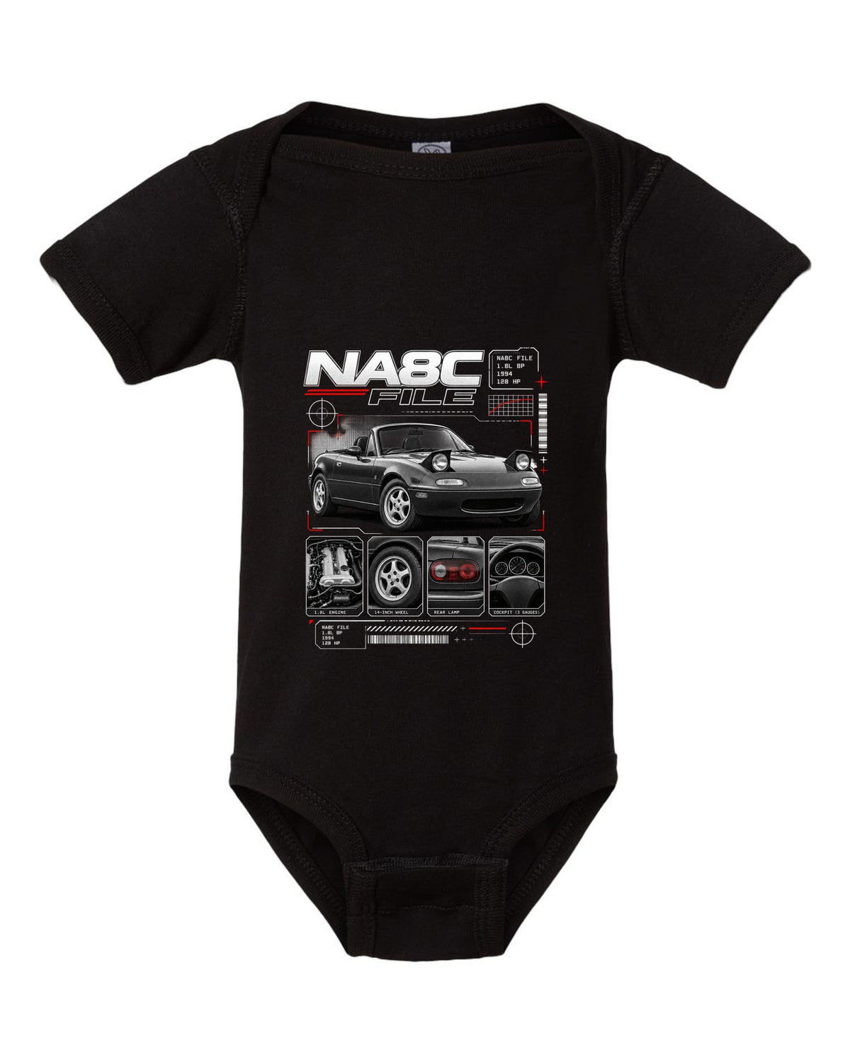 Dossier panel print of a Mazda MX-5 NA Eunos Roadster with NA8C spec lettering black baby onesie front view with the design