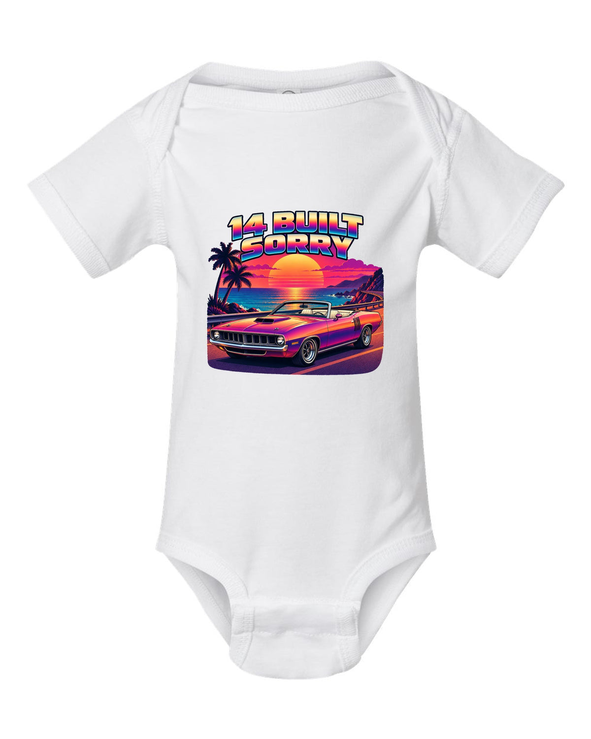 Sunset gradient synth vector print of a 1970 Plymouth Hemi 'Cuda convertible with 14 built text white baby onesie front view with the design