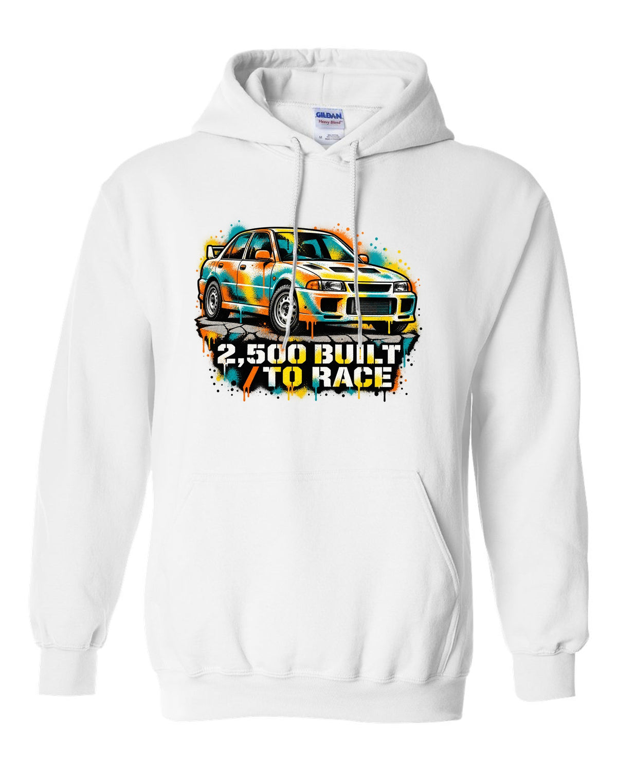 Spray-paint stencil of a Mitsubishi Lancer Evolution I CD9A with 2,500 built text white pull over hoodie front view with the design