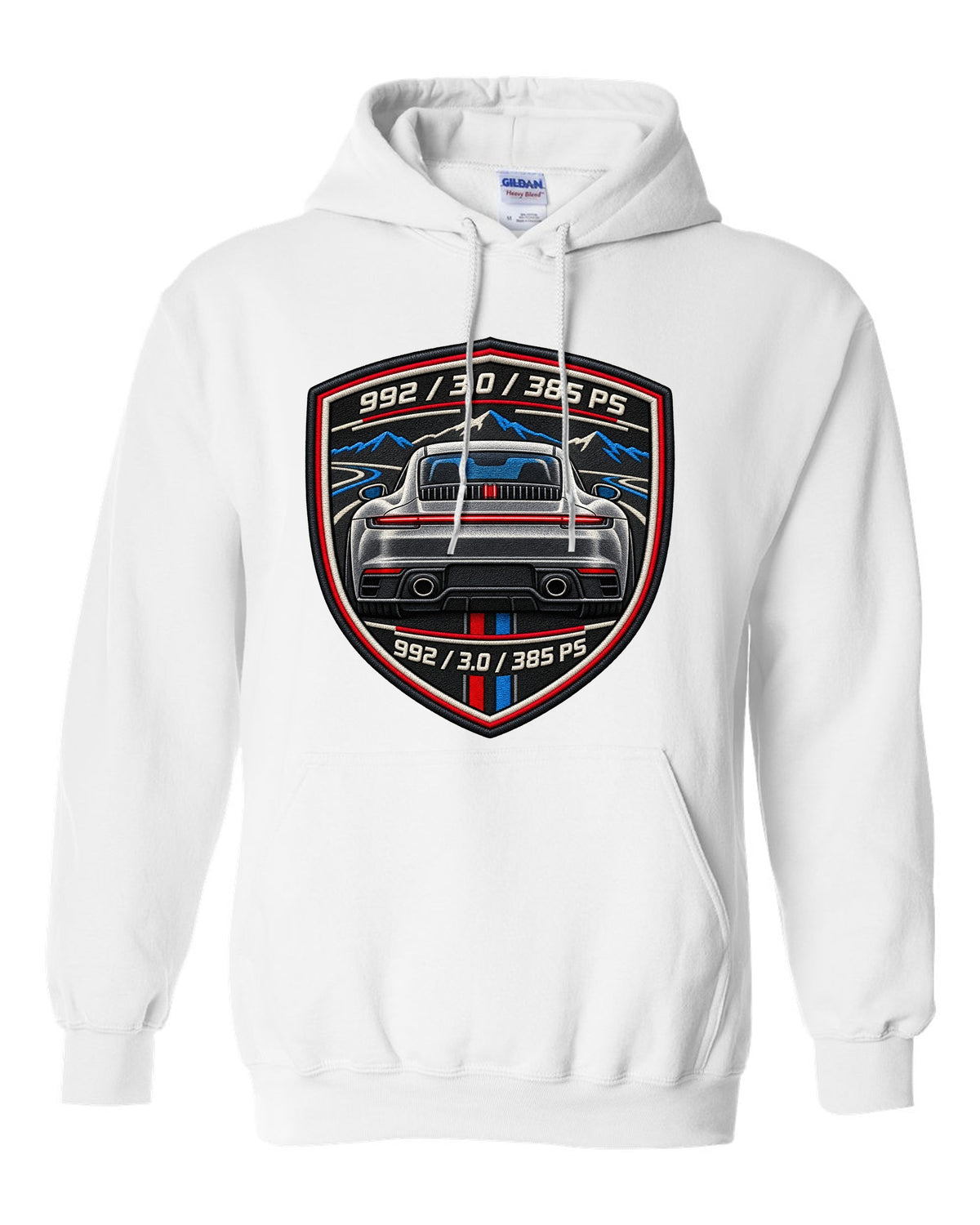 Round crest print of a Porsche 911 992 with the text 992, 3.0 and 385 PS white pull over hoodie front view with the design