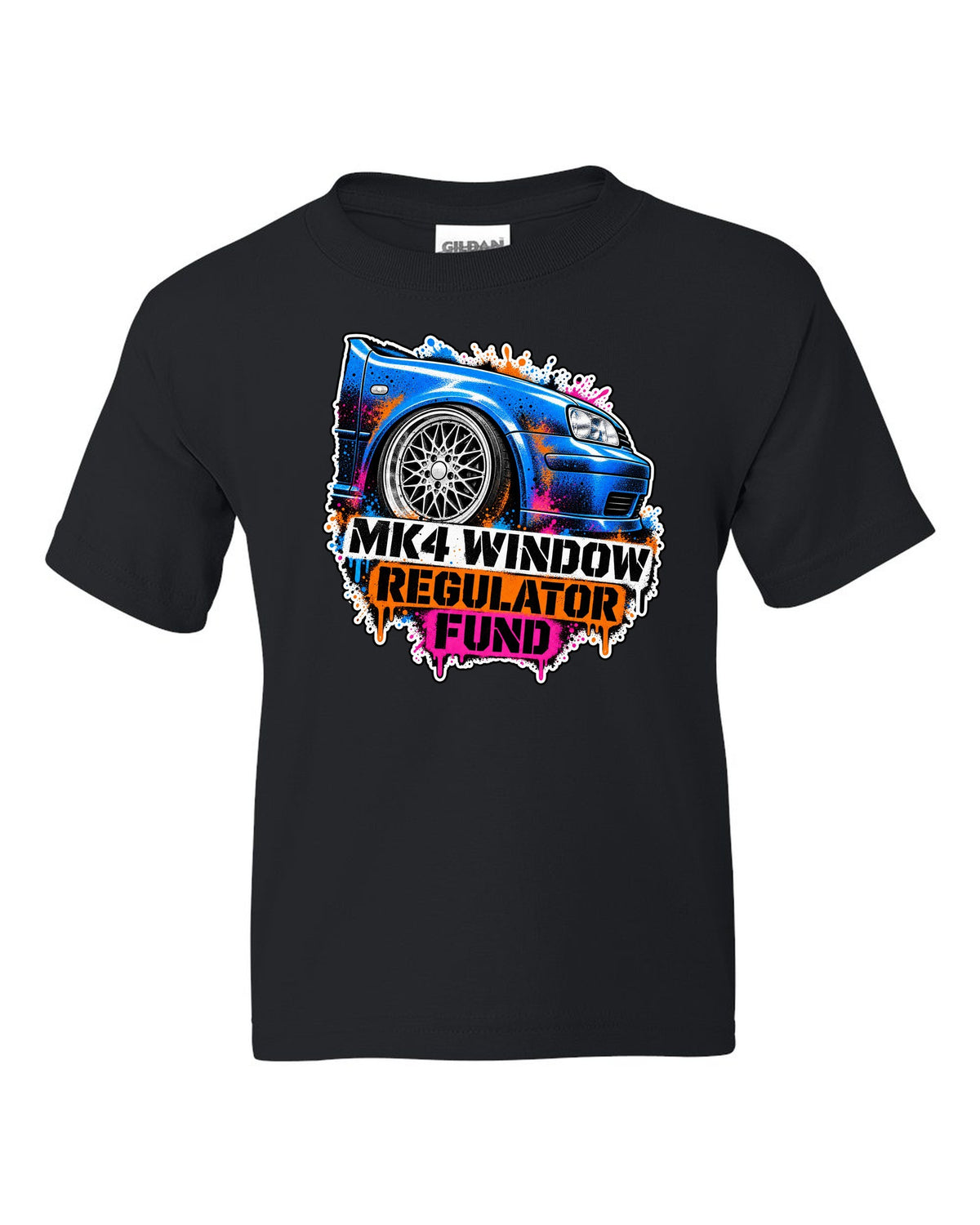 Stencil spray print of a VW Golf Mk4 with mesh wheels and window regulator fund text black kids tee front view with the design
