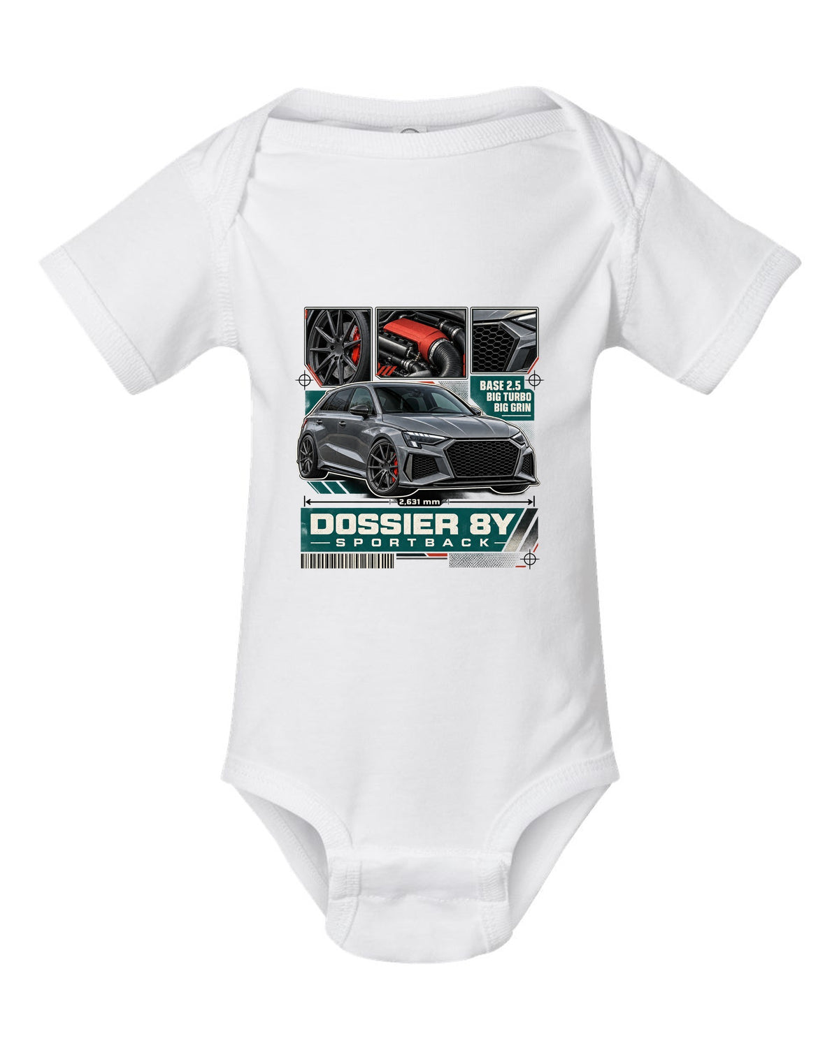 Three-panel dossier of an Audi RS3 8Y Sportback pre-facelift white baby onesie front view with the design