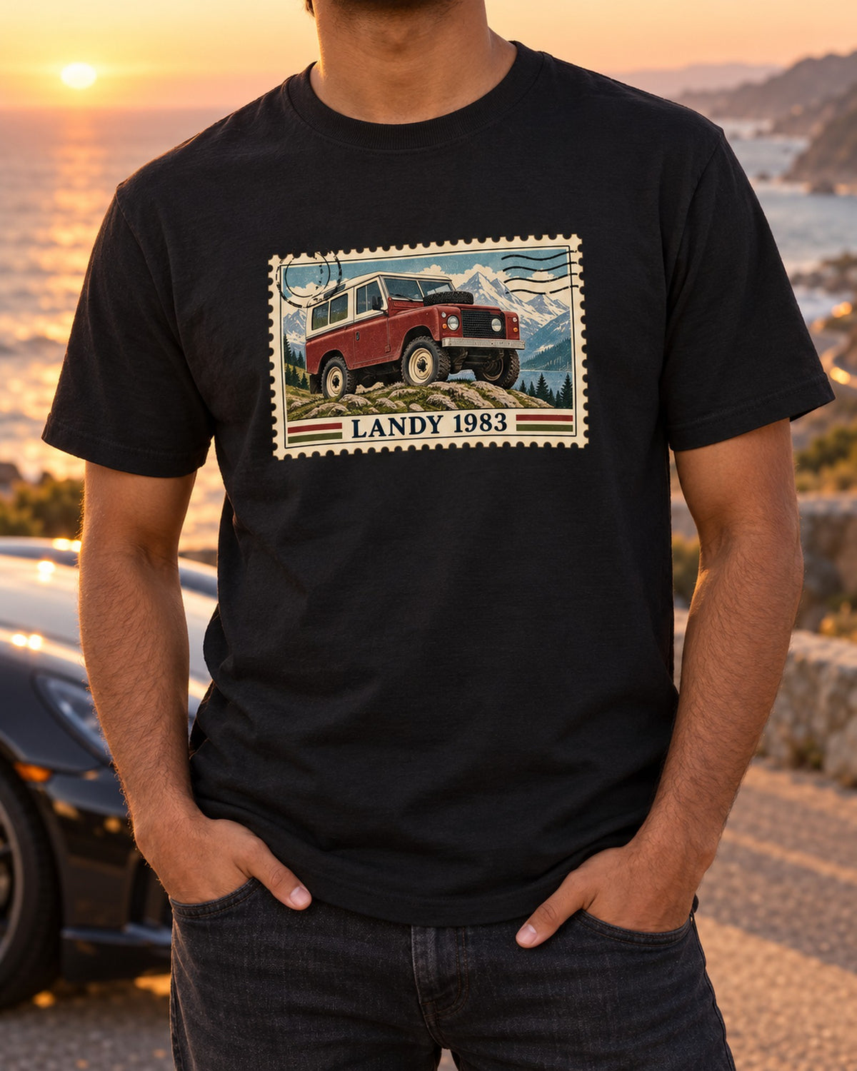 Land Rover Defender 110 Vintage Postage Stamp Landy Shirt T-Shirt Black worn hero