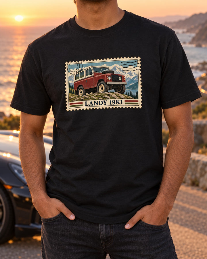 Land Rover Defender 110 Vintage Postage Stamp Landy Shirt T-Shirt Black worn hero