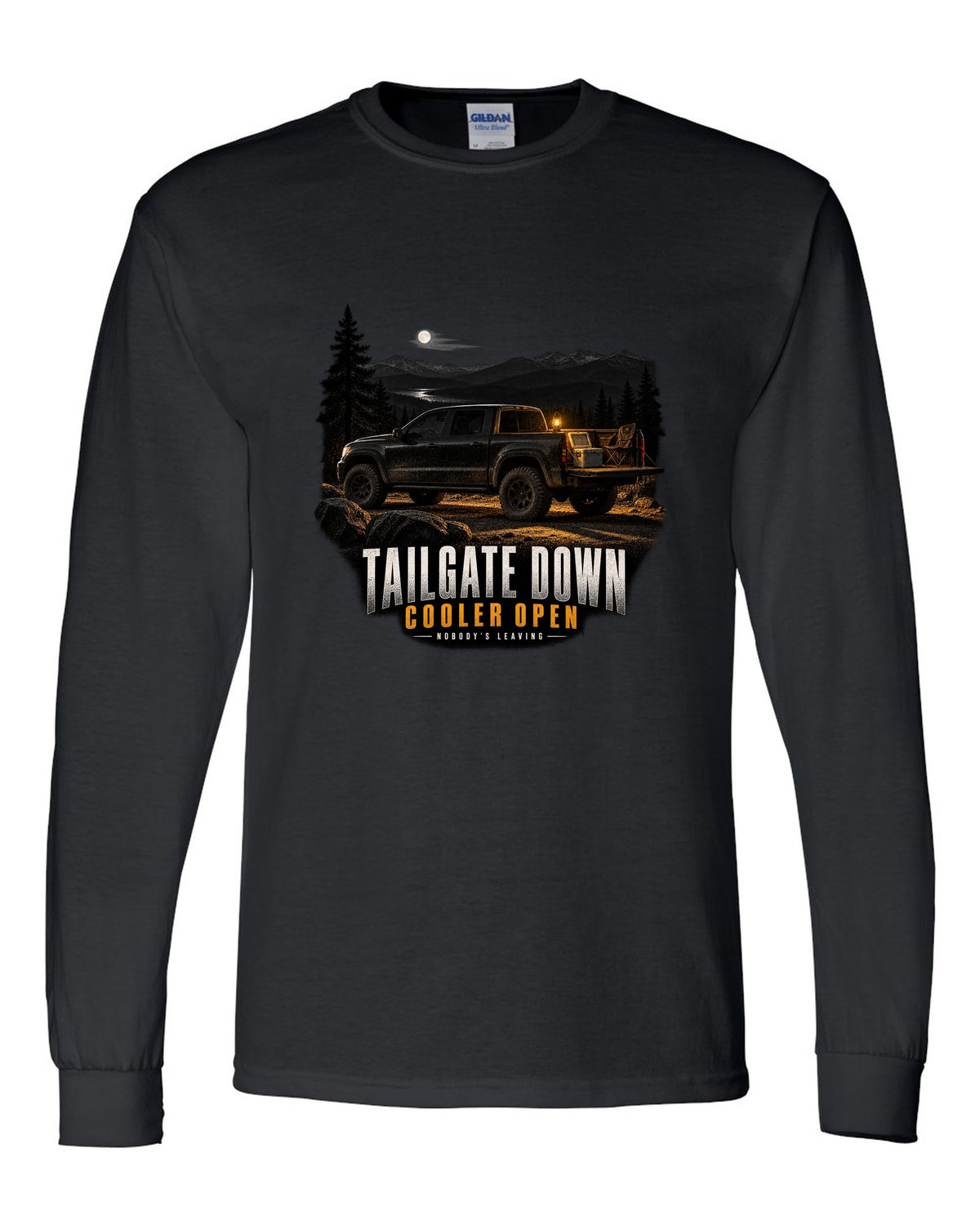 Jeep Gladiator JT with tailgate down in a night garage print black long sleeve front view with the design