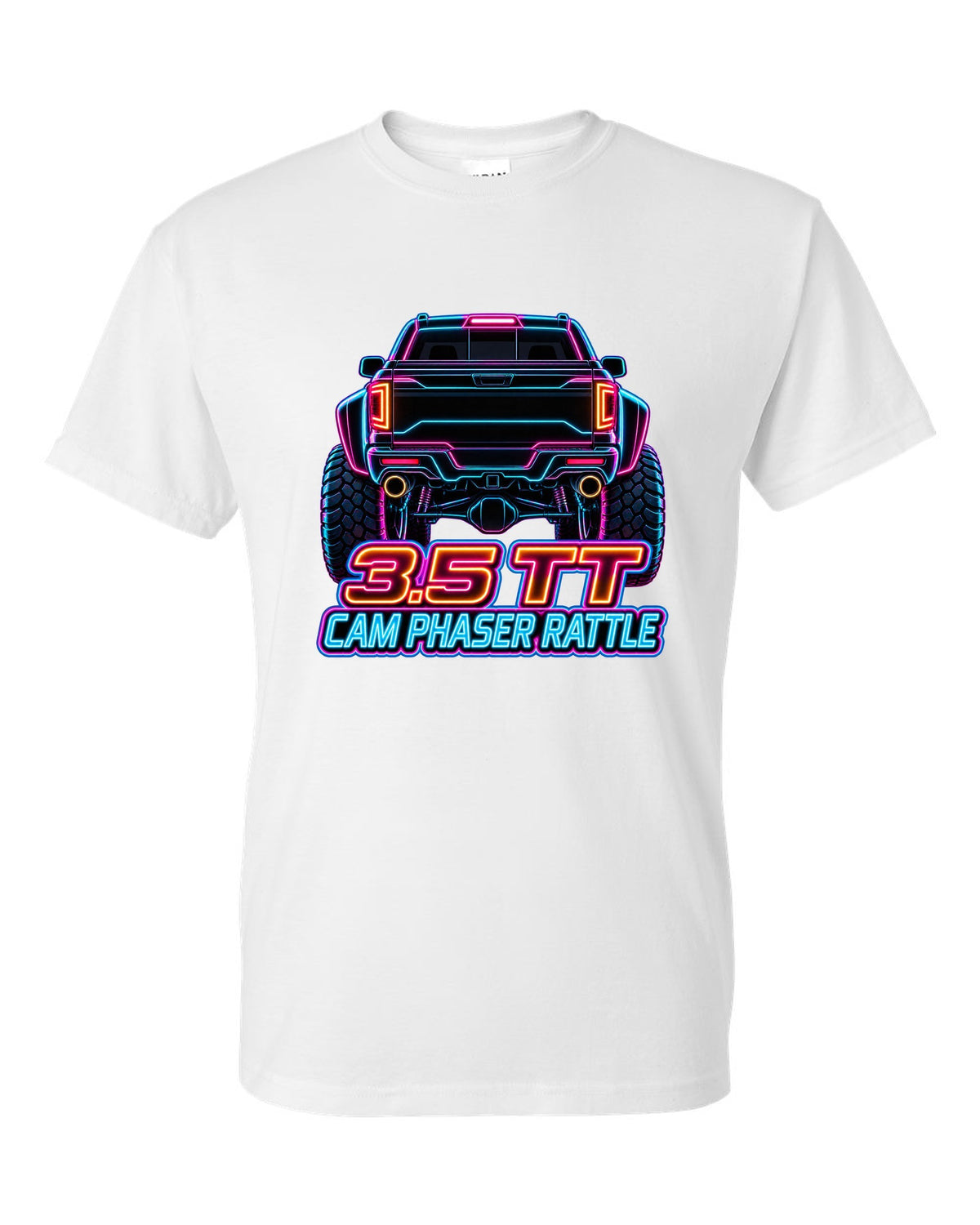 Neon outline print of a 2017-2020 Ford F-150 Raptor Gen 2 P552 taillights on black white t-shirt front view with the design