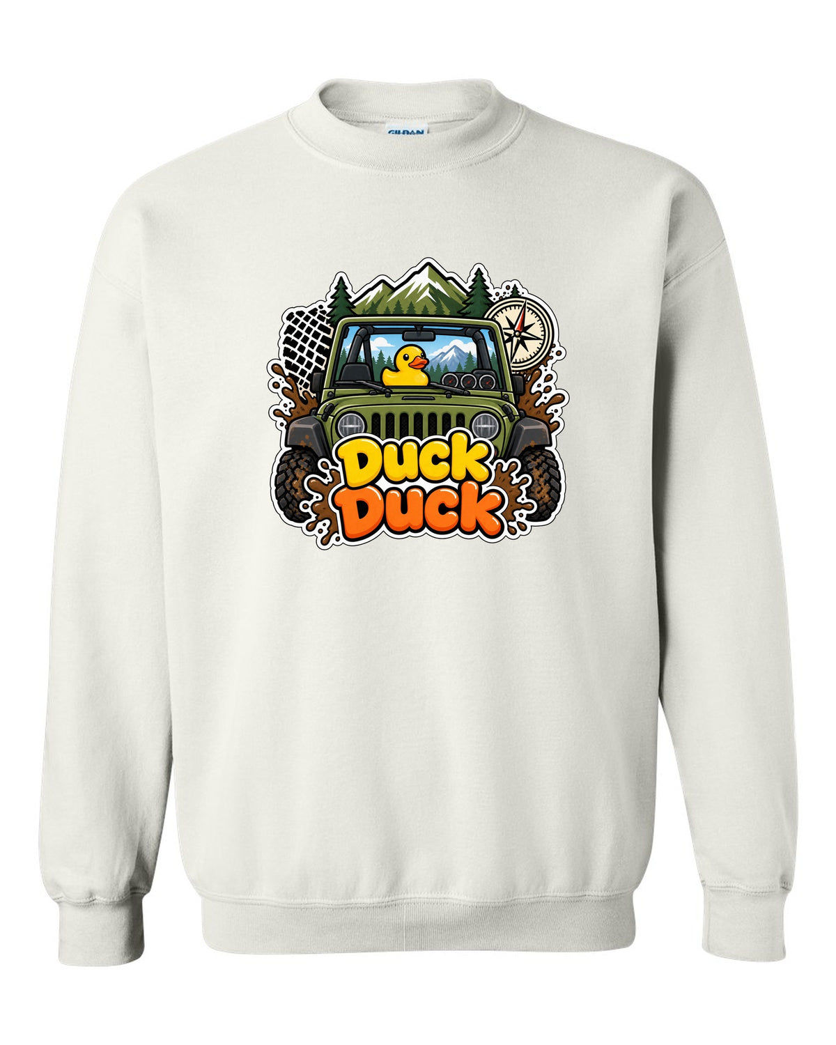 Sticker-bomb collage print of a Jeep Wrangler JK dashboard with ducks white crewneck front view with the design