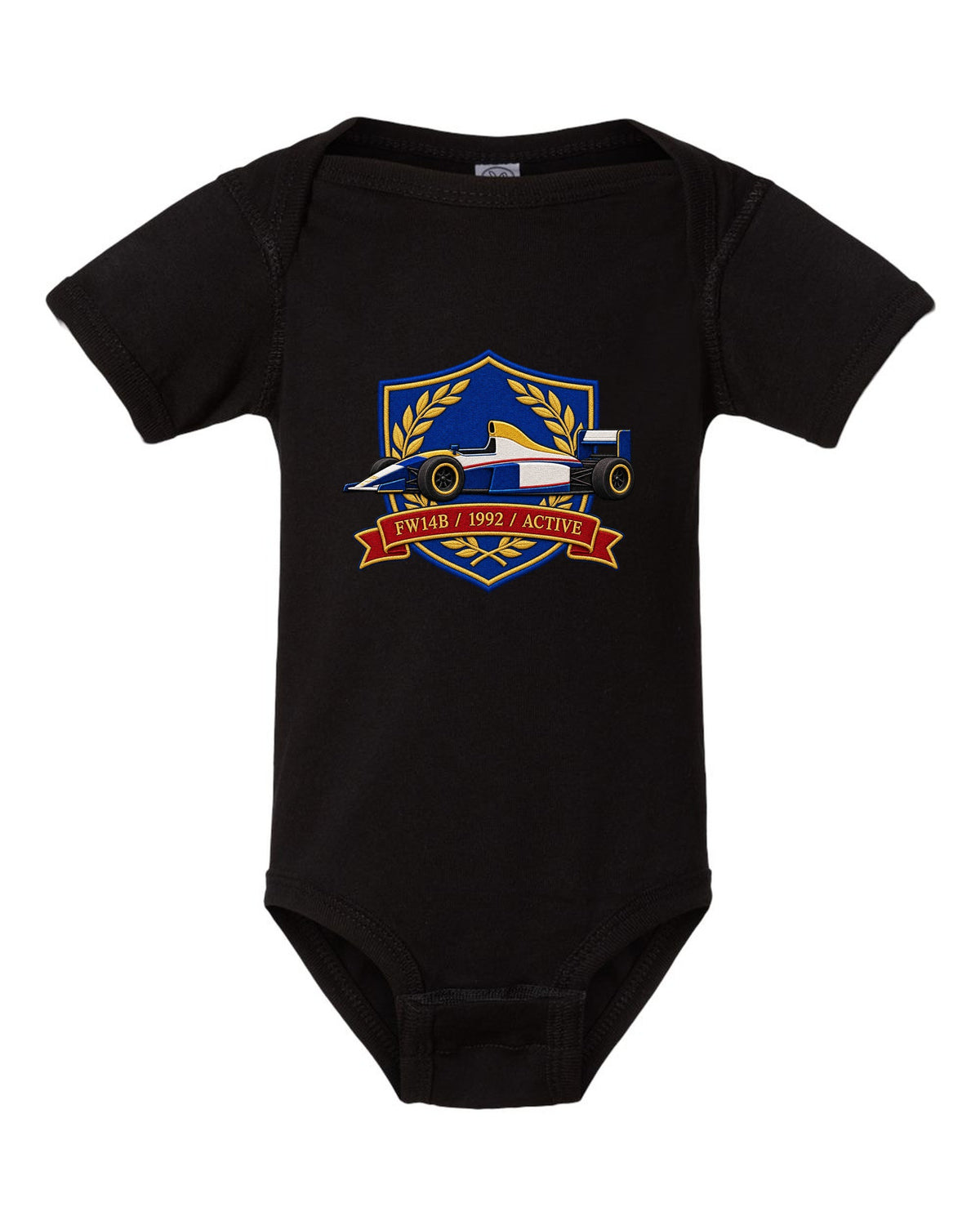 Varsity crest style Williams FW14B Formula 1 car with 1992 ACTIVE lettering black baby onesie front view with the design