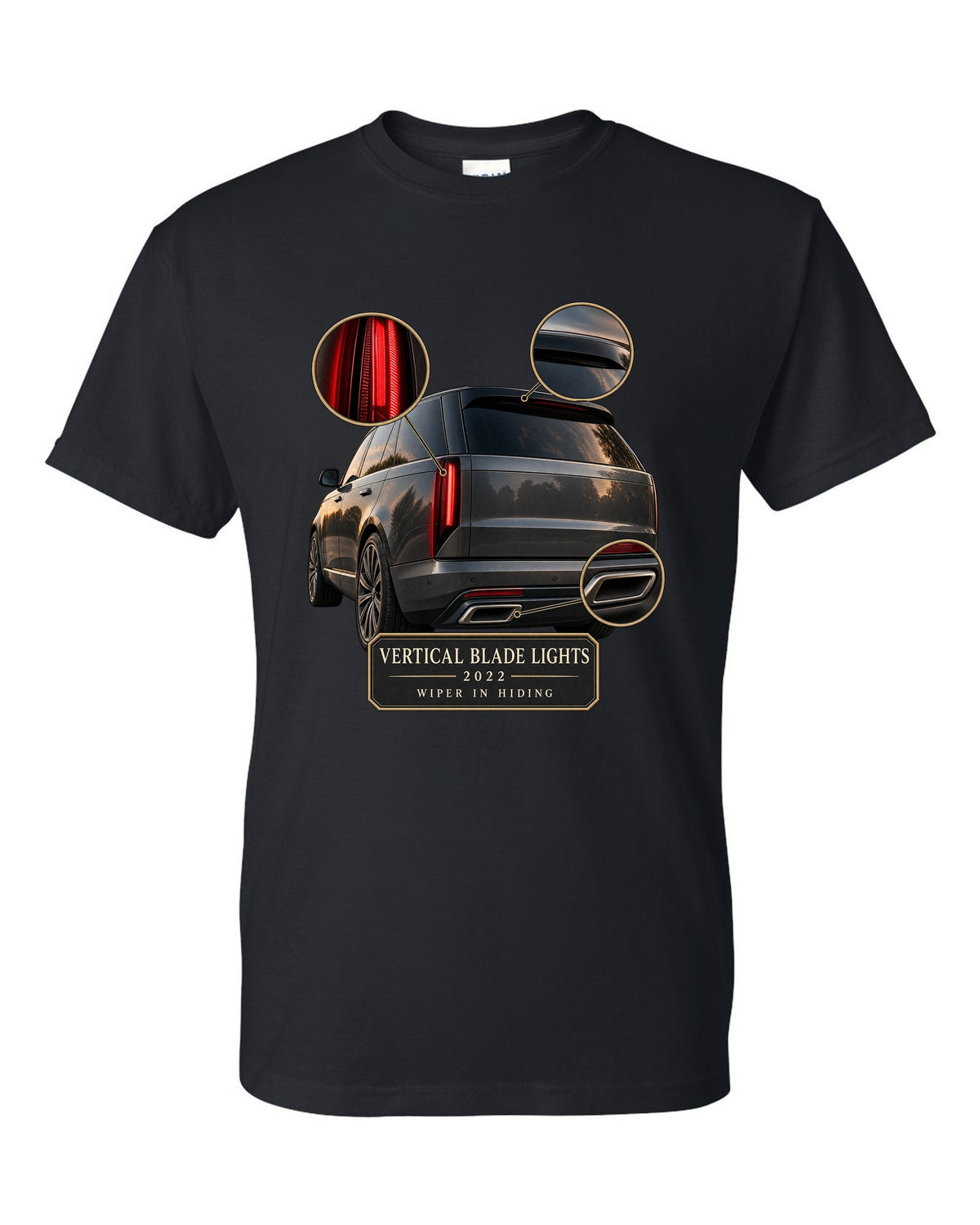 Taillight macro print of the Range Rover L460 with vertical blade lights black t-shirt front view with the design