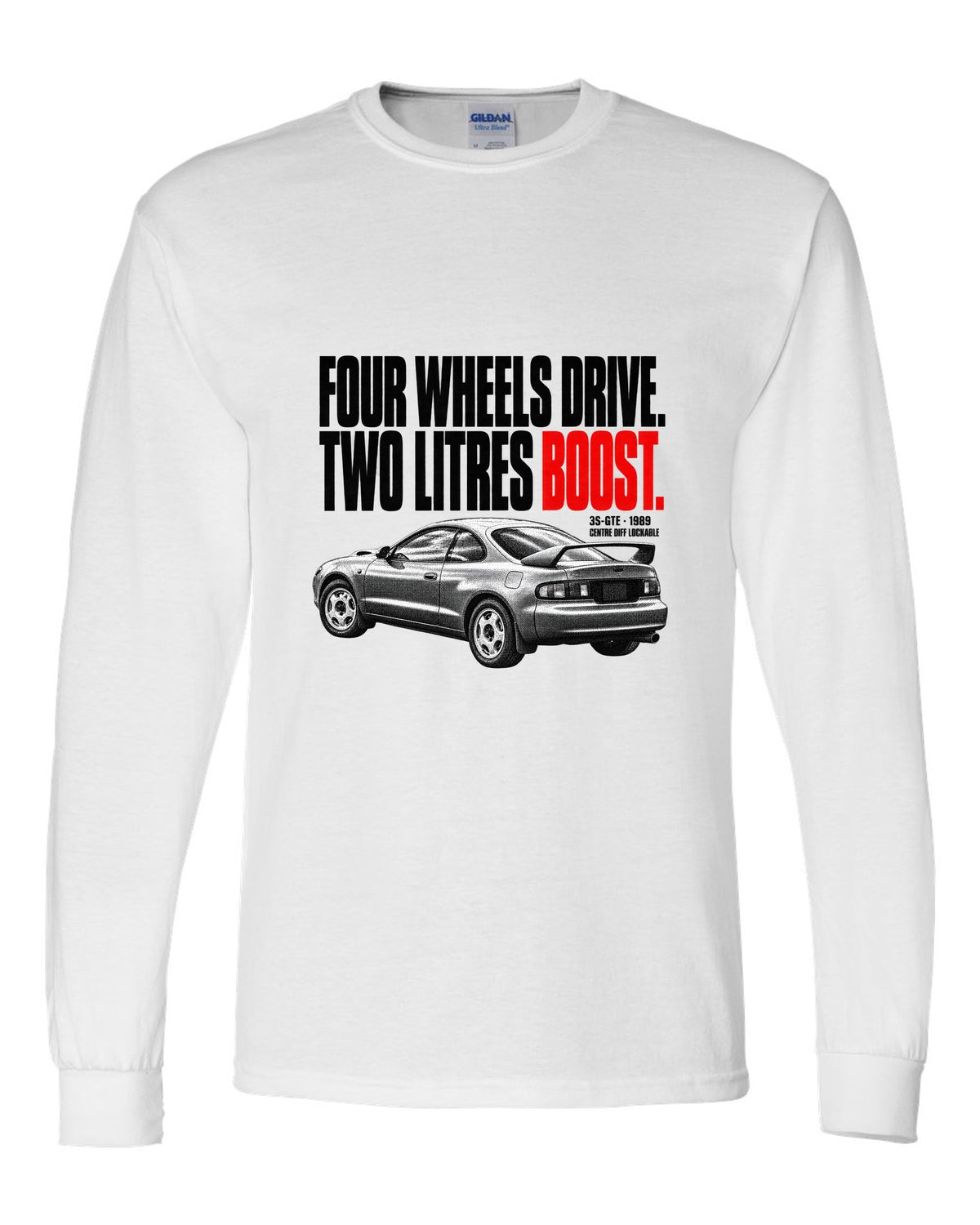 Halftone print of a Toyota Celica GT-Four ST185 with 3S-GTE and centre diff text white long sleeve front view with the design