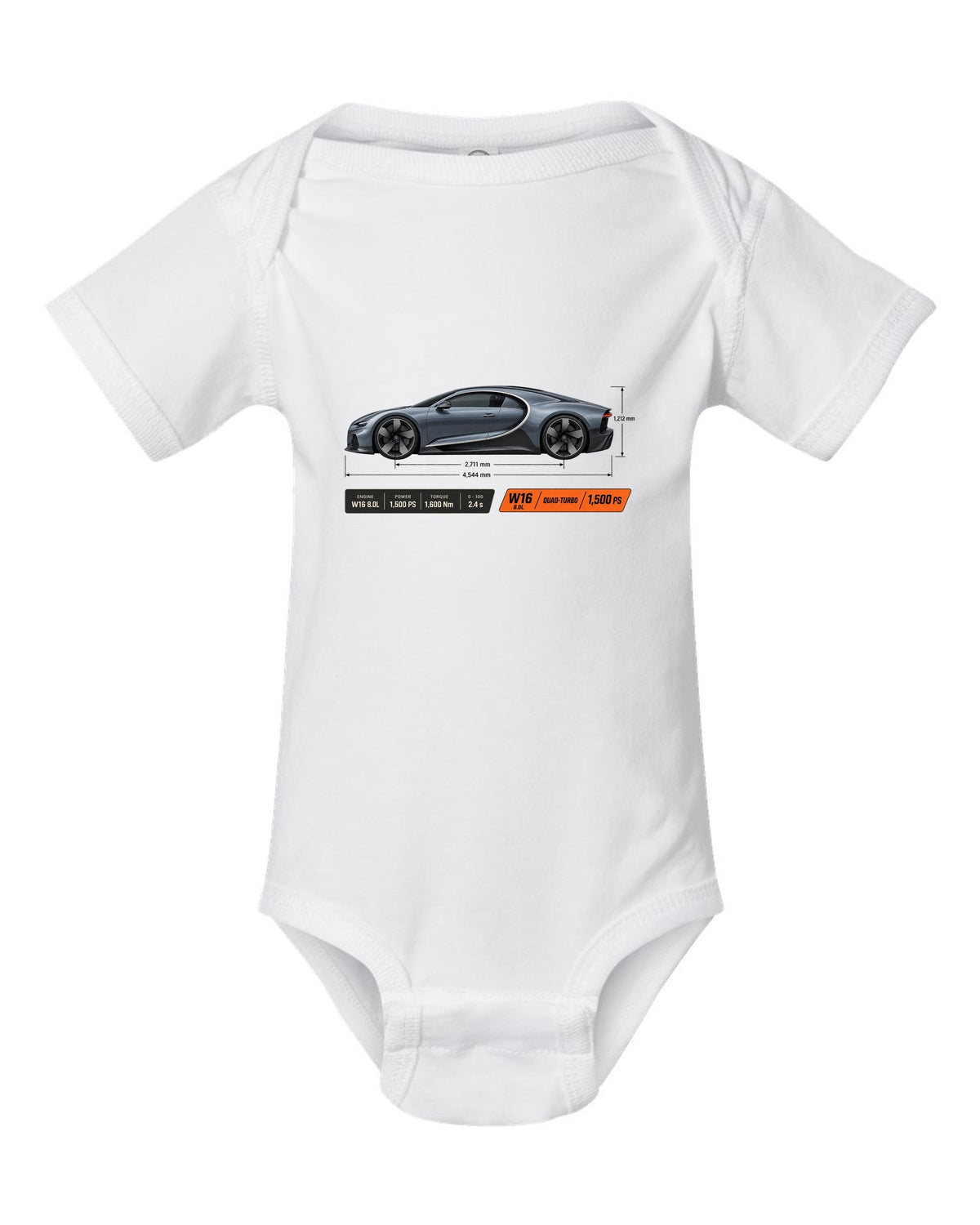 Bugatti Chiron W16 Dimension Blueprint white baby onesie front view with the design