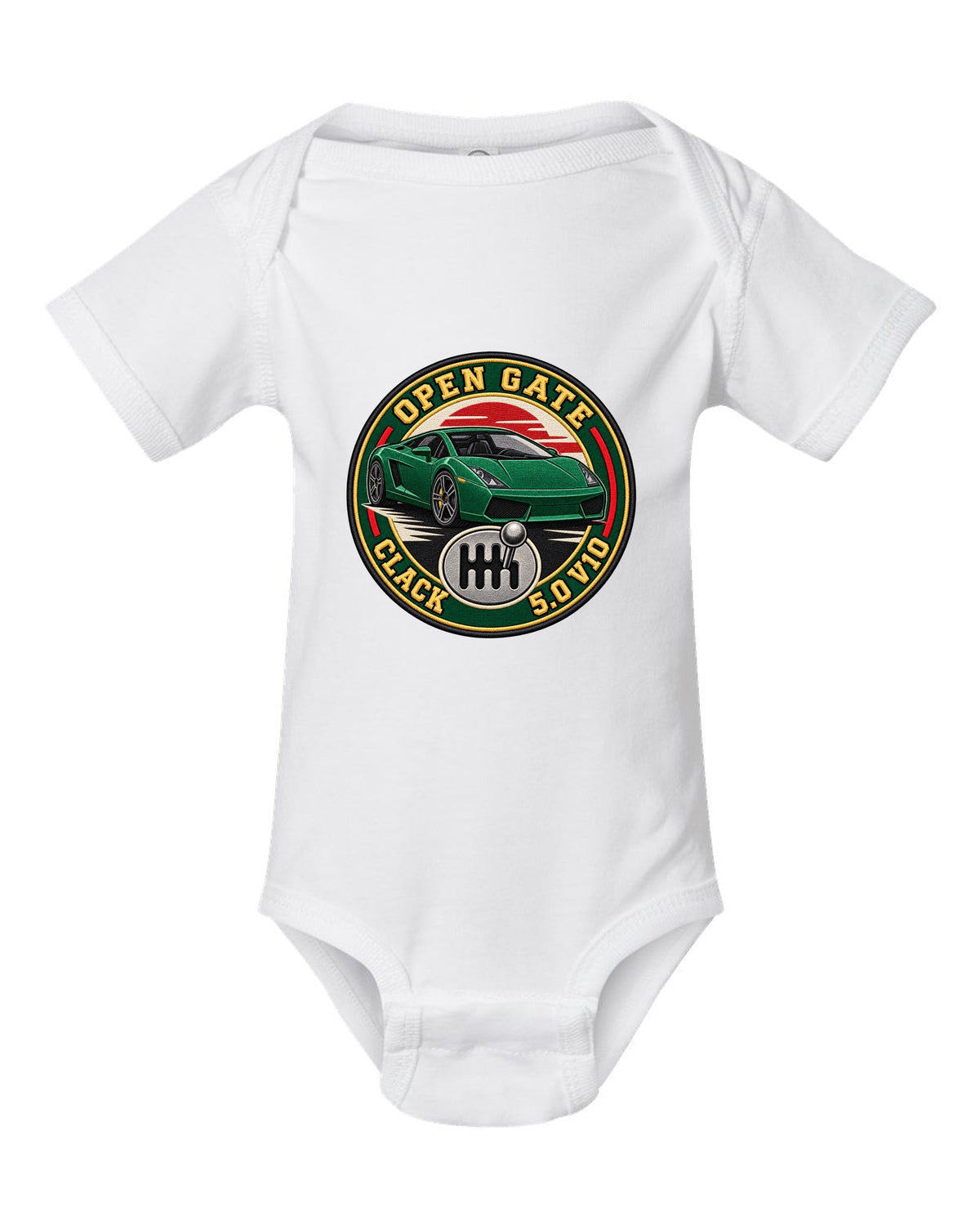 Embroidery-style crest of a Lamborghini Gallardo open-gate six-speed manual with V10 text white baby onesie front view with the design