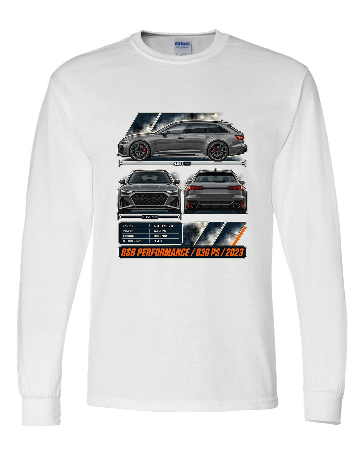 Audi RS6 Avant Performance three-view drawing with spec table white long sleeve front view with the design