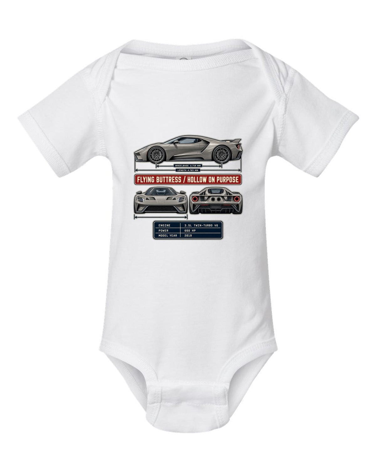 print of a 2019 Ford GT three-view drawing with spec table and flying buttress text white baby onesie front view with the design