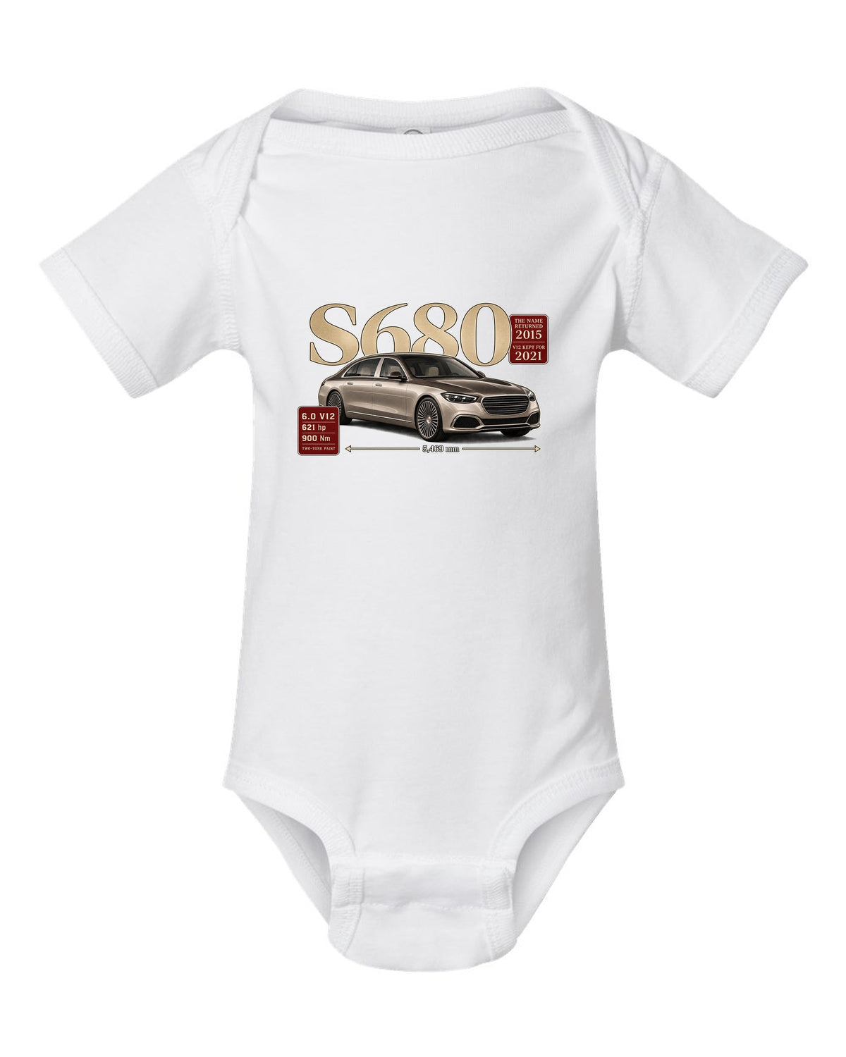 print archive panel of a Mercedes-Maybach S680 Z223 three-quarter with serif title white baby onesie front view with the design