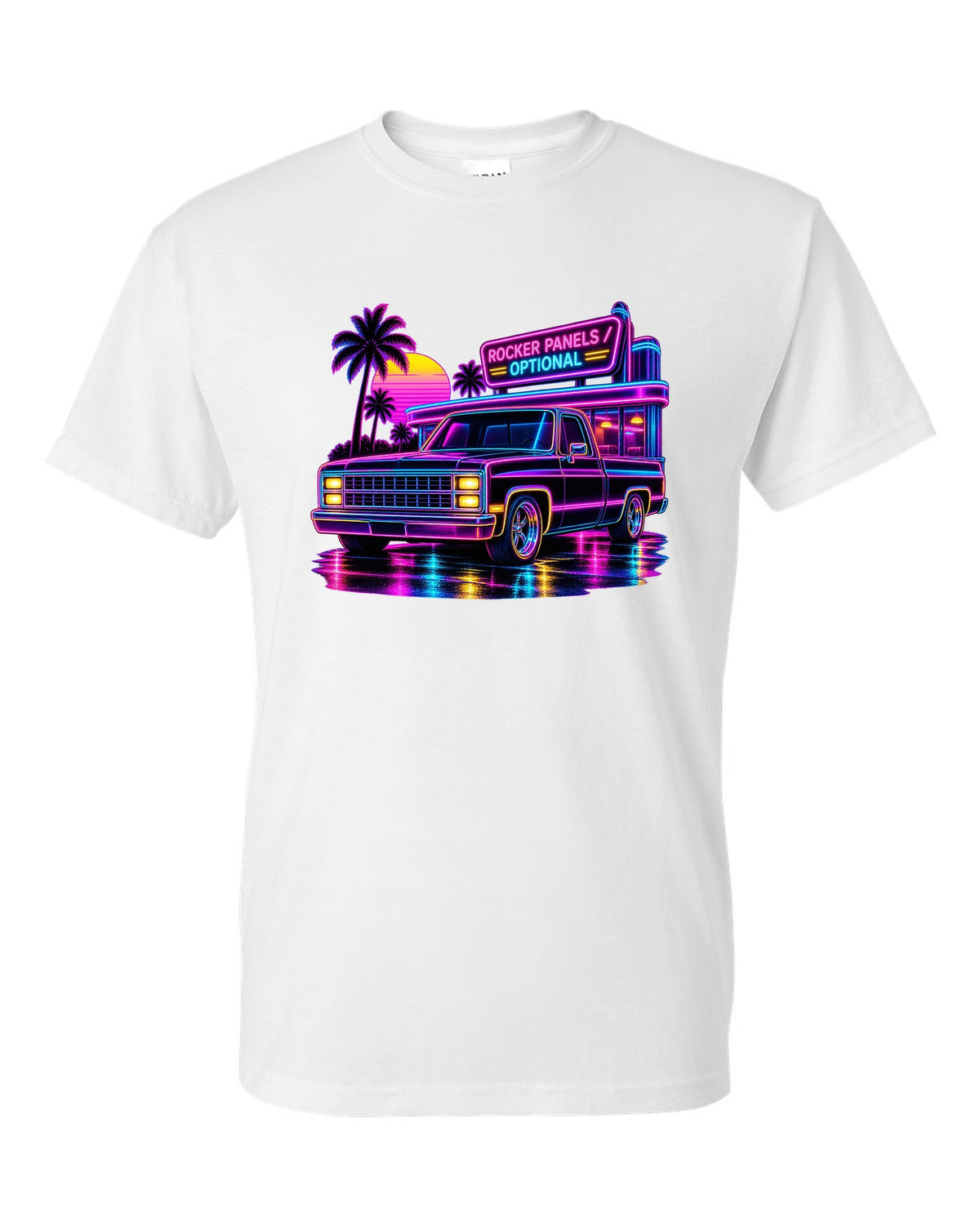 Neon synthwave line art print of a 1973-87 Chevrolet C10 Squarebody at a diner with rocker panels optional lettering white t-shirt front view with the design