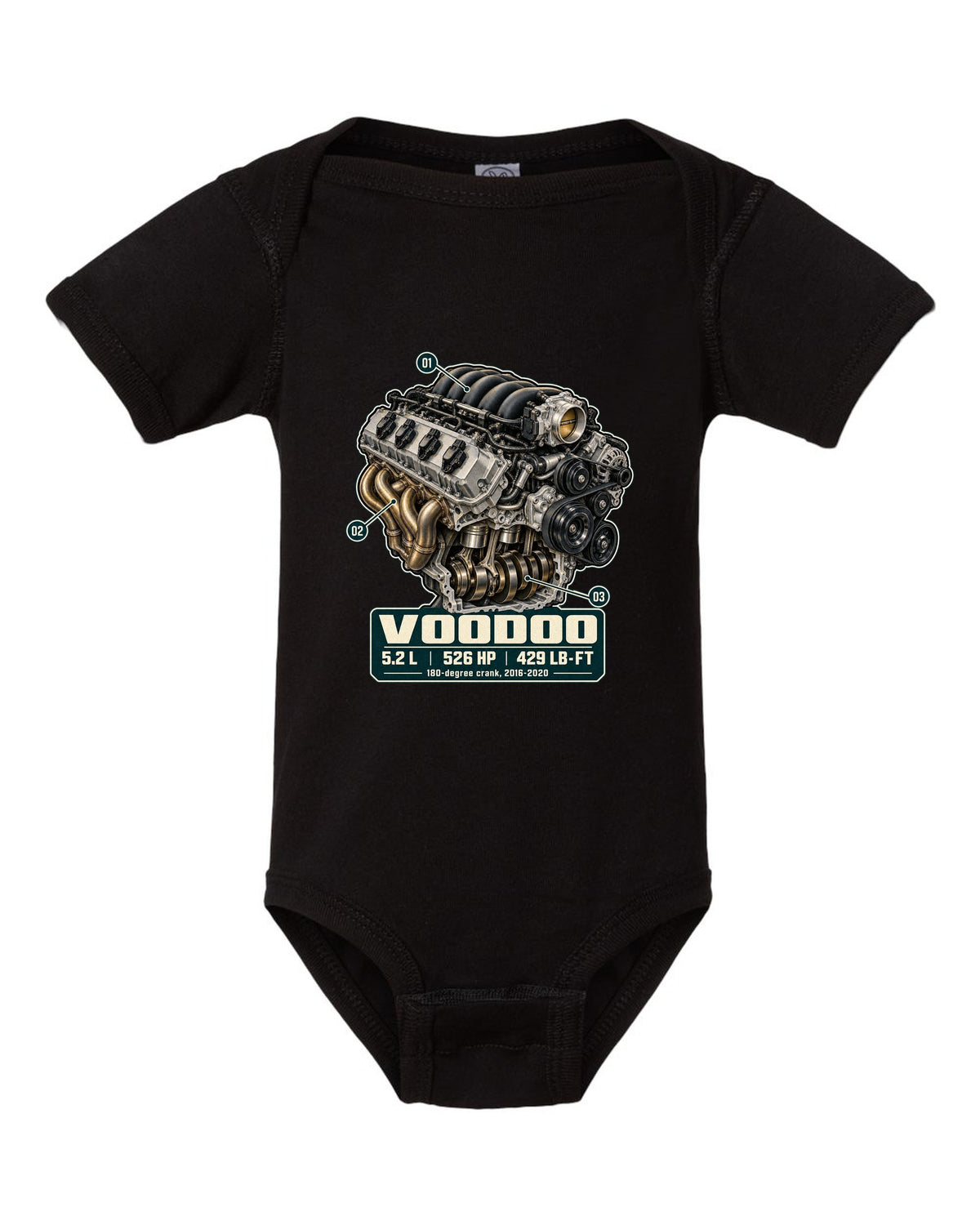 Ford Mustang S550 Shelby GT350 Voodoo 5.2 L engine hero print black baby onesie front view with the design