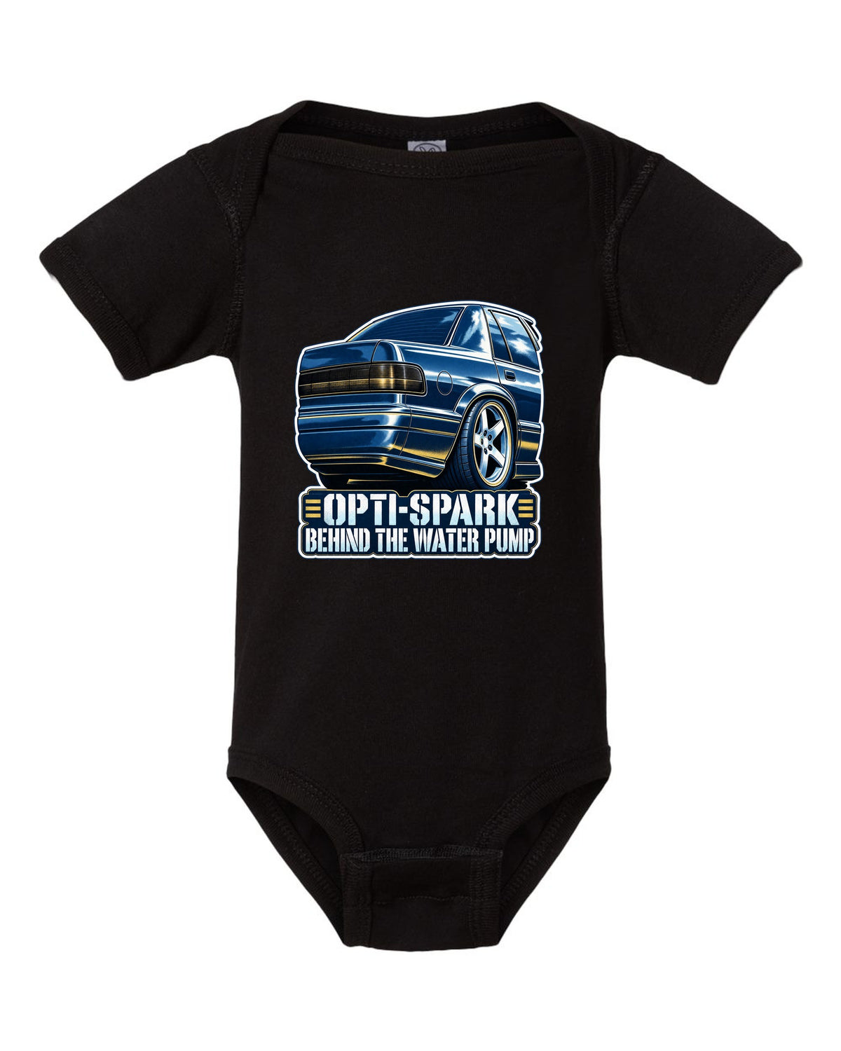 Blue cyanotype print of a 1994-96 Chevrolet Impala SS LT1 wheel with the text Opti-Spark Behind the Water Pump black baby onesie front view with the design
