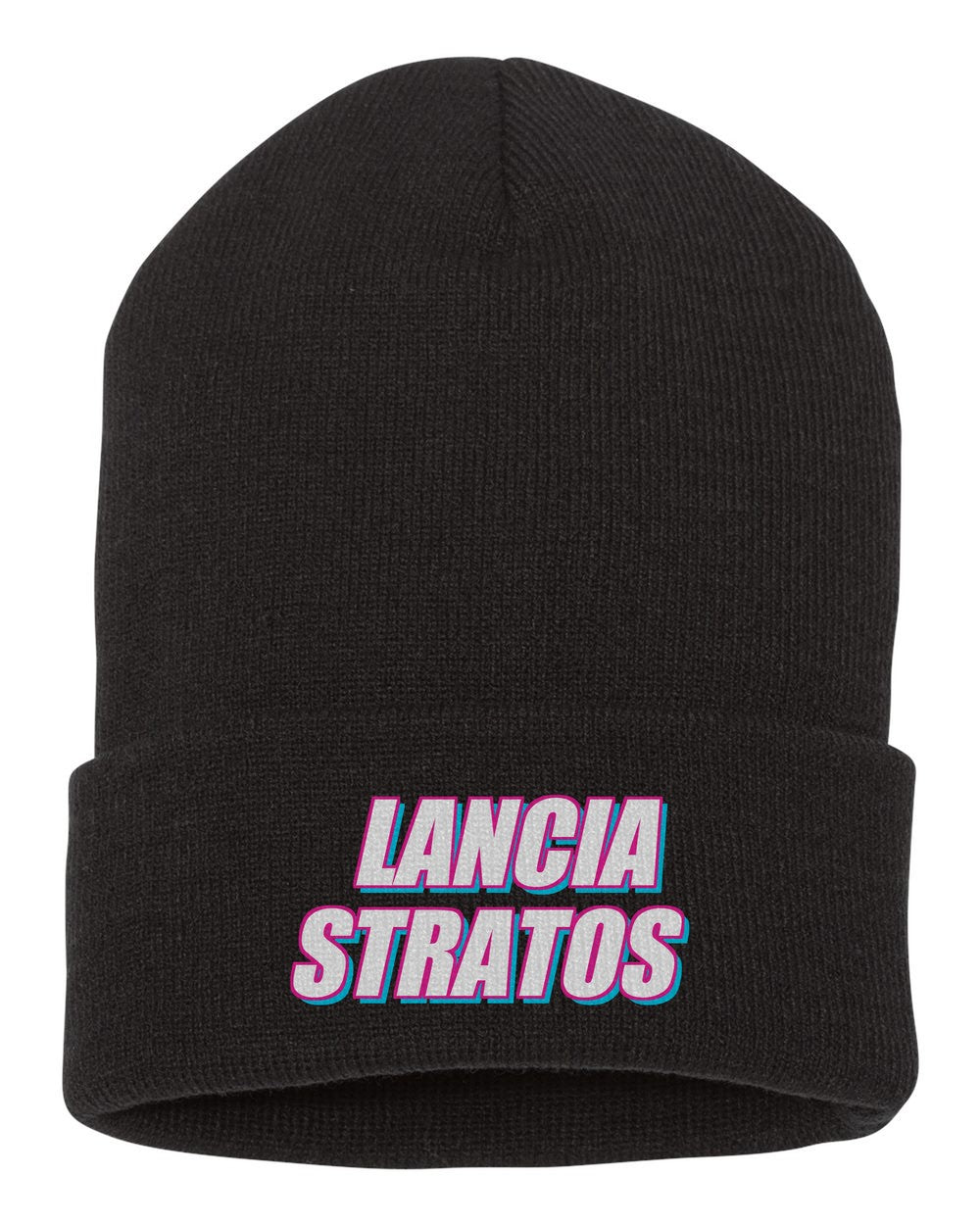 Lancia Stratos black beanie front view with car name
