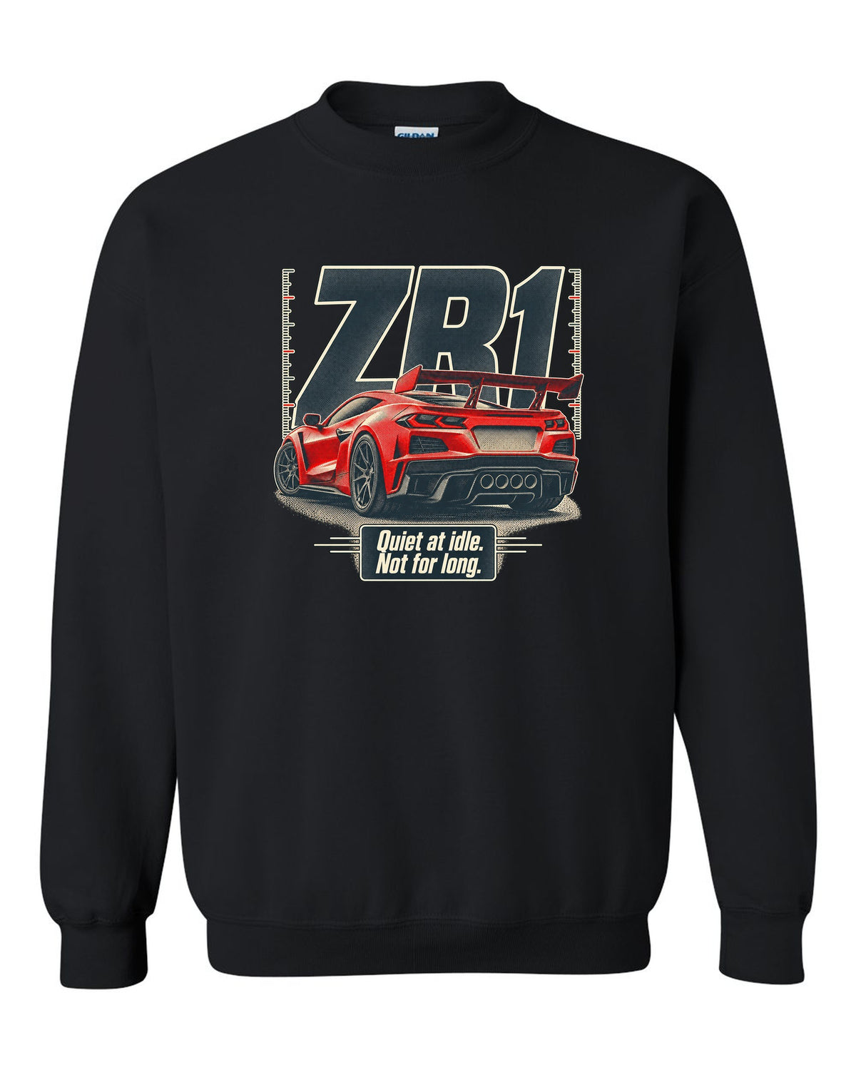 Halftone print of a Chevrolet Corvette C8 ZR1 with a quiet at idle statement black crewneck front view with the design