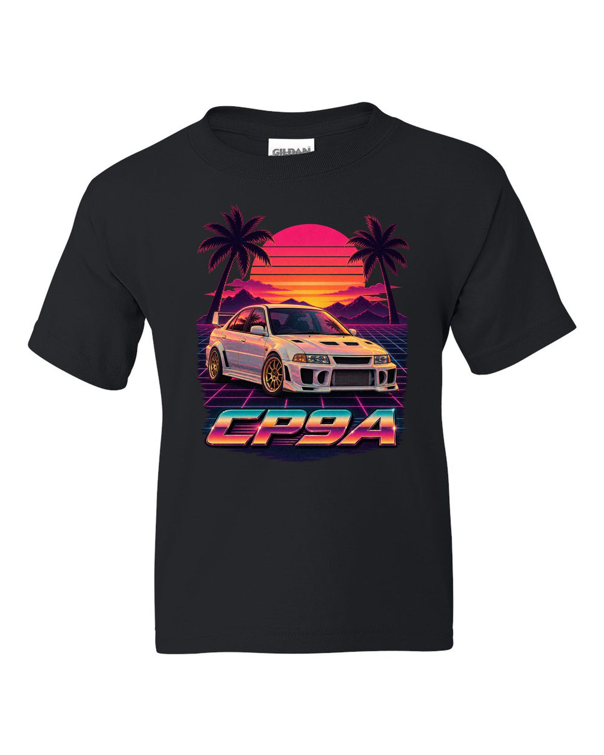 Synthwave sunset poster of a Mitsubishi Lancer Evolution V CP9A with palm trees black kids tee front view with the design