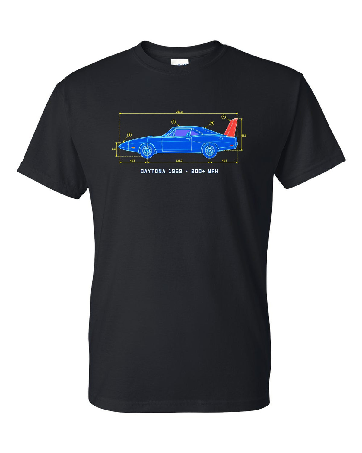 1969 Dodge Charger Daytona blueprint patent sheet print with 200+ MPH text black t-shirt front view with the design