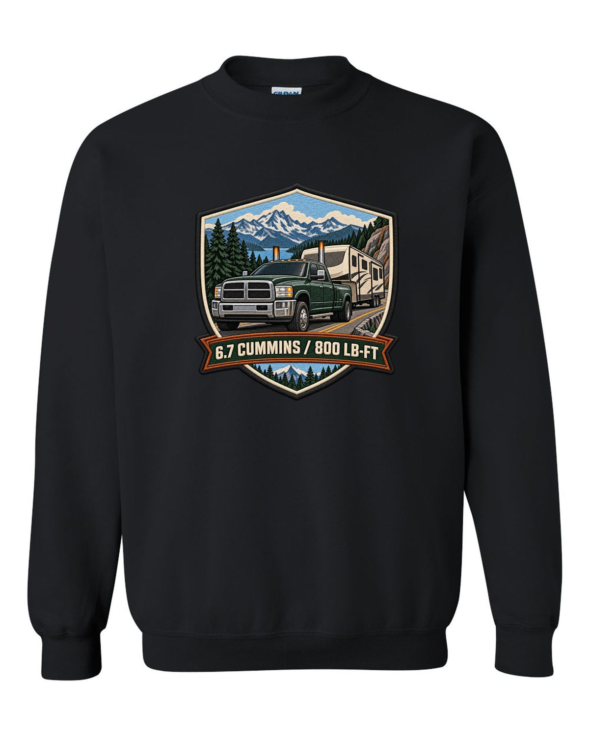 Varsity crest of a 2010-2018 Ram 2500 4th gen towing a camper with 6.7 Cummins 800 LB-FT lettering black crewneck front view with the design