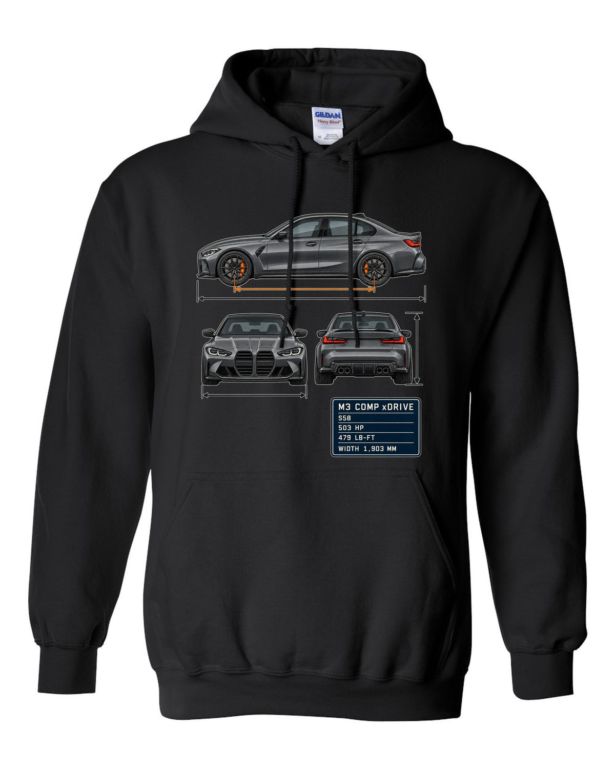 BMW M3 Competition xDrive G80 three-view drawing with spec table print black pull over hoodie front view with the design