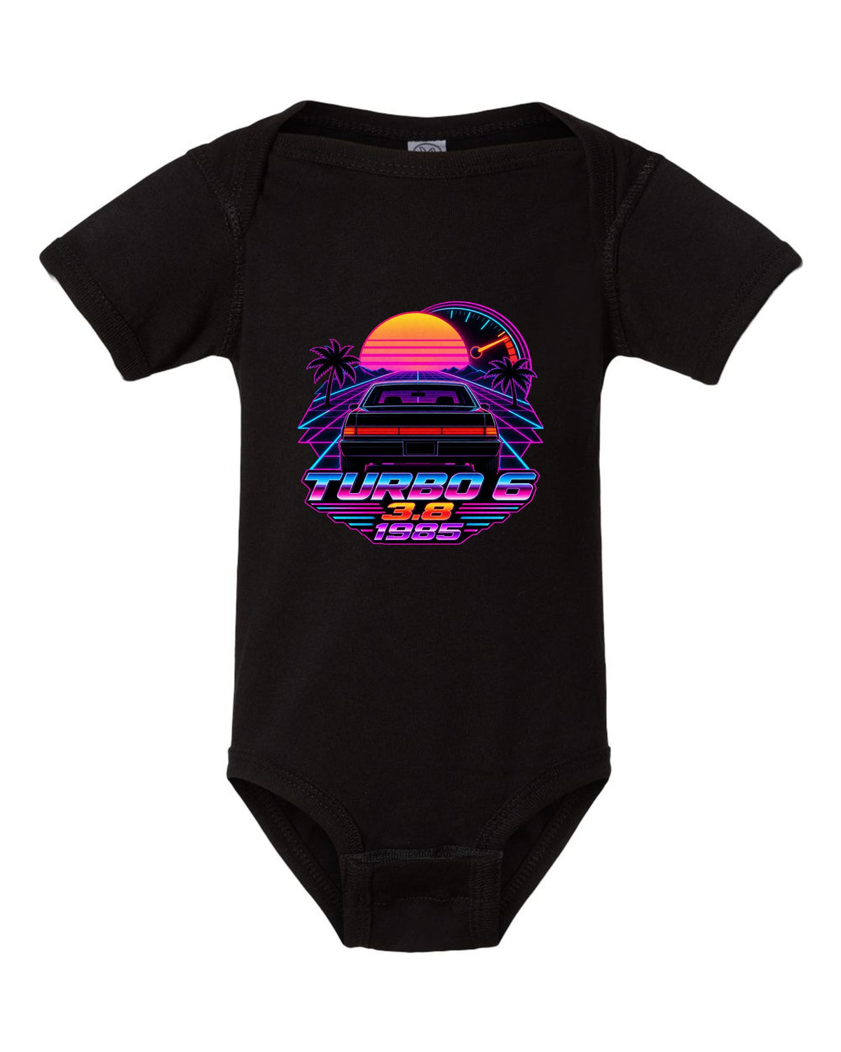 1985 Buick Regal T-Type rear taillights in a synthwave outrun sunset black baby onesie front view with the design