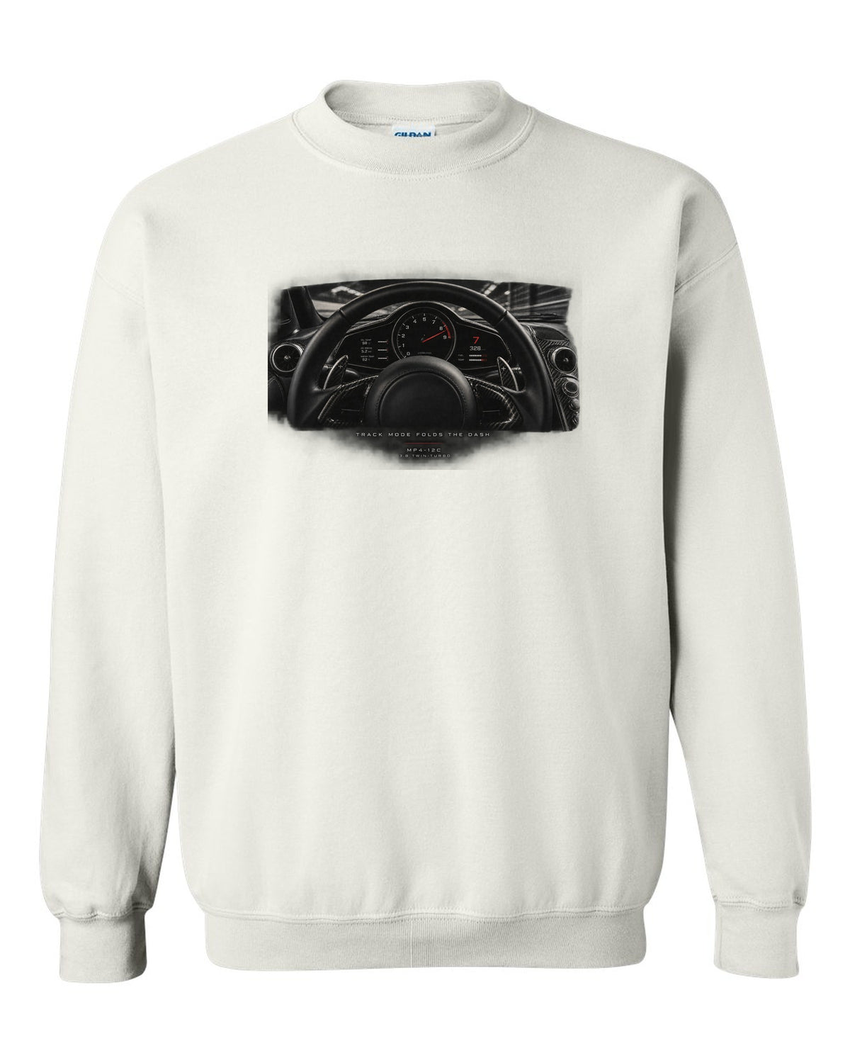 Cockpit gauge print of a 2011 McLaren 12C MP4-12C with folding dash text white crewneck front view with the design