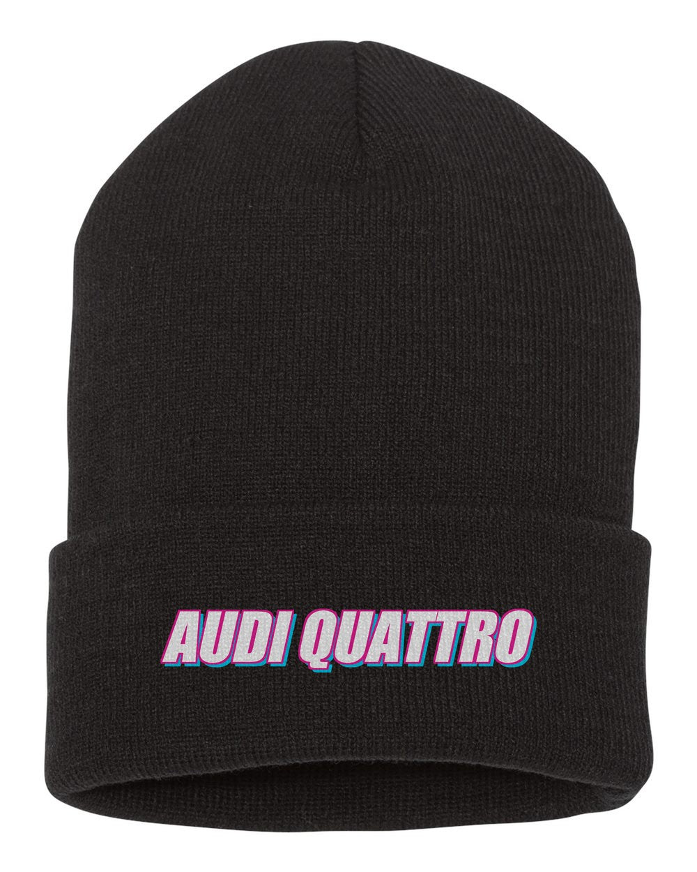 Audi Quattro black beanie front view with car name