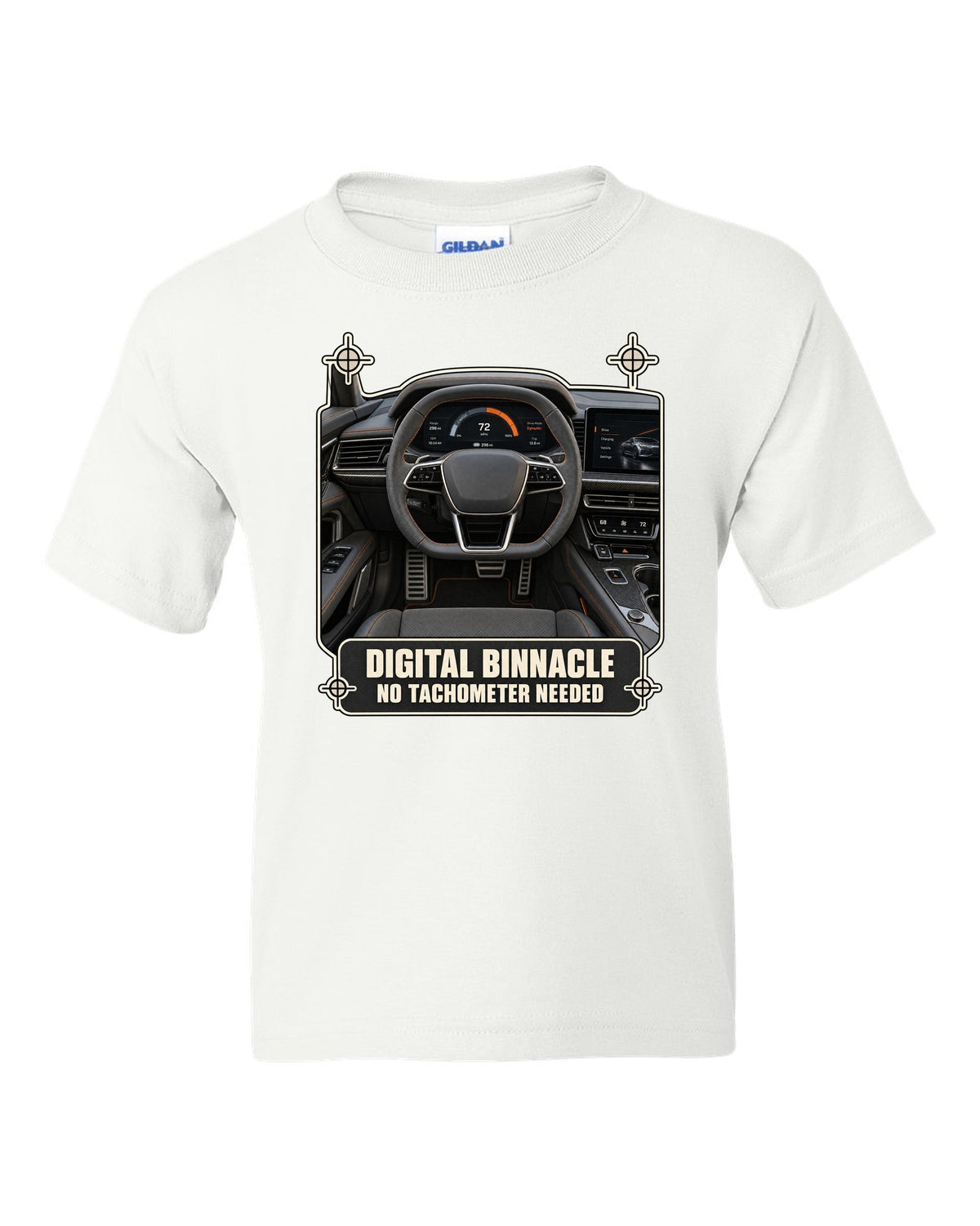 Audi RS e-tron GT interior driver view digital binnacle cockpit gauge design white kids tee front view with the design