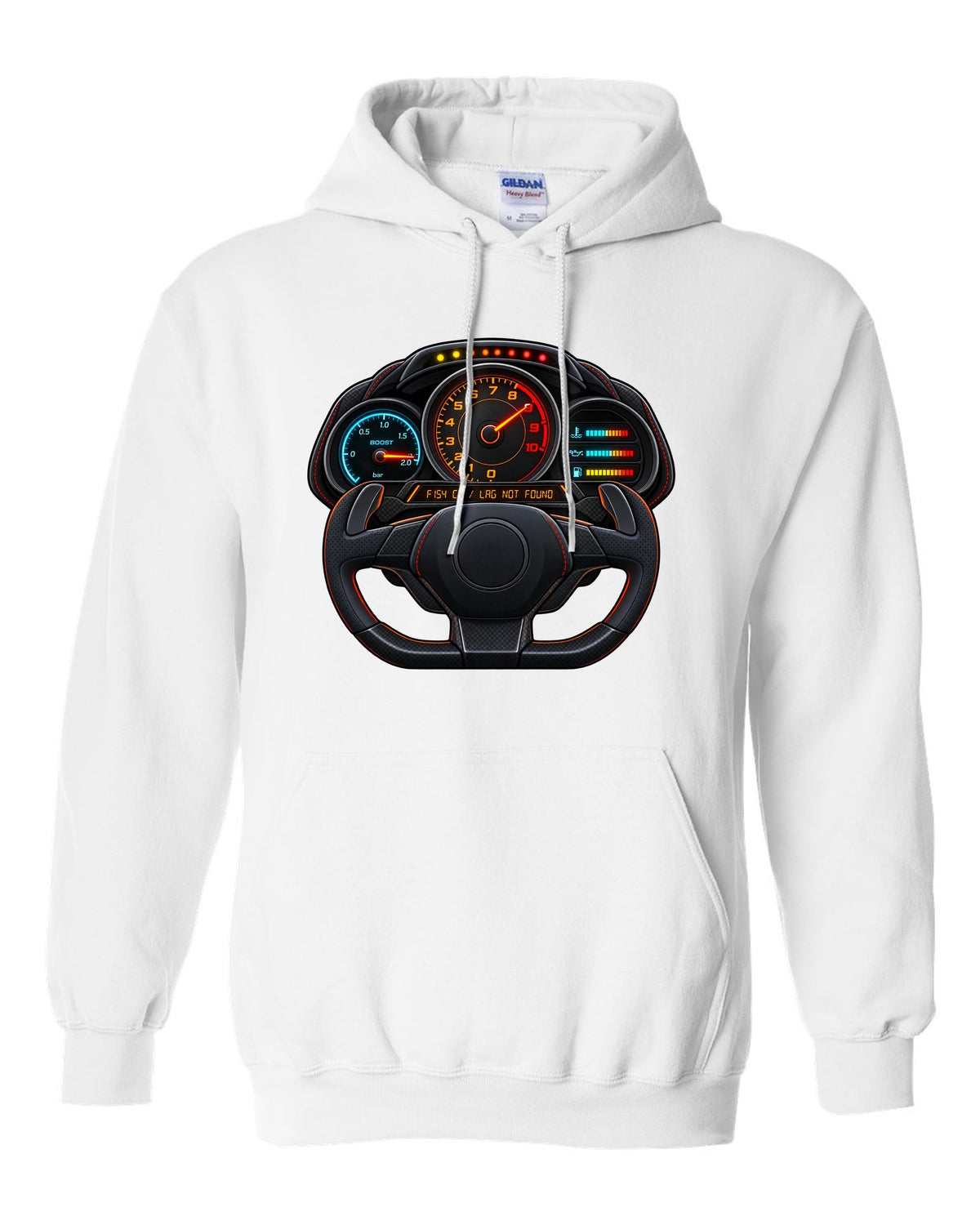 Ferrari 488 GTB boost gauge cockpit print with F154 CB engine code white pull over hoodie front view with the design