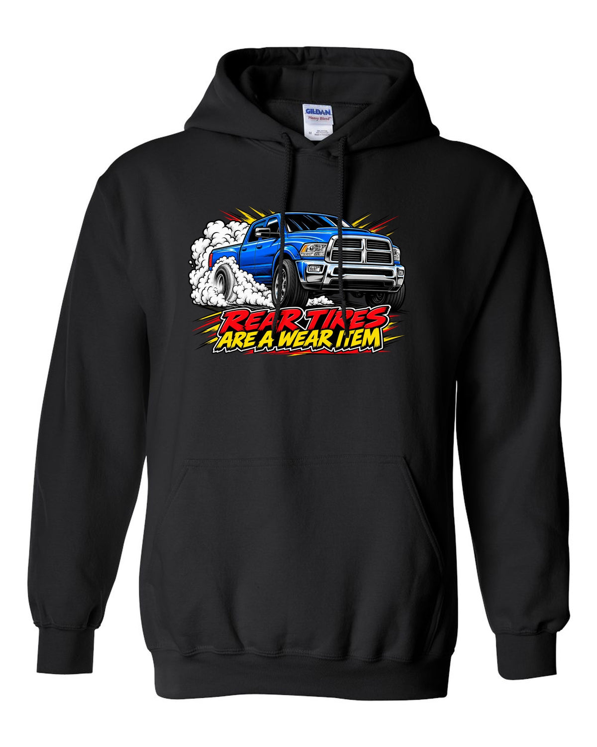 Comic ink burnout print of a 2003-2009 Dodge Ram 2500 5.9 Cummins HO black pull over hoodie front view with the design